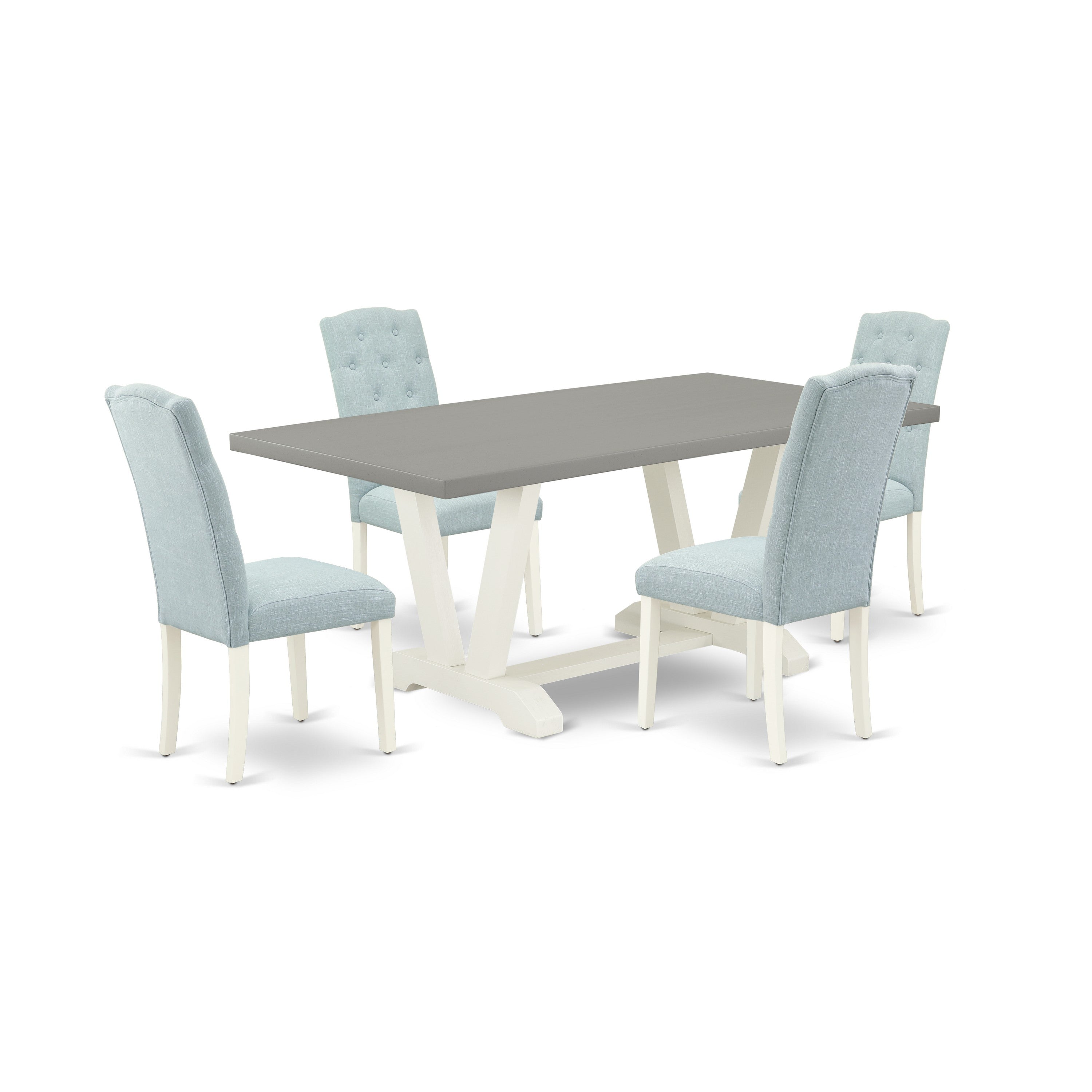Juego de mesa de comedor East West Furniture V097CE215-5 de 5 piezas para 4 personas. Incluye una mesa de cocina rectangular con patas en V y 4 sillas tapizadas en tela de lino azul bebé.