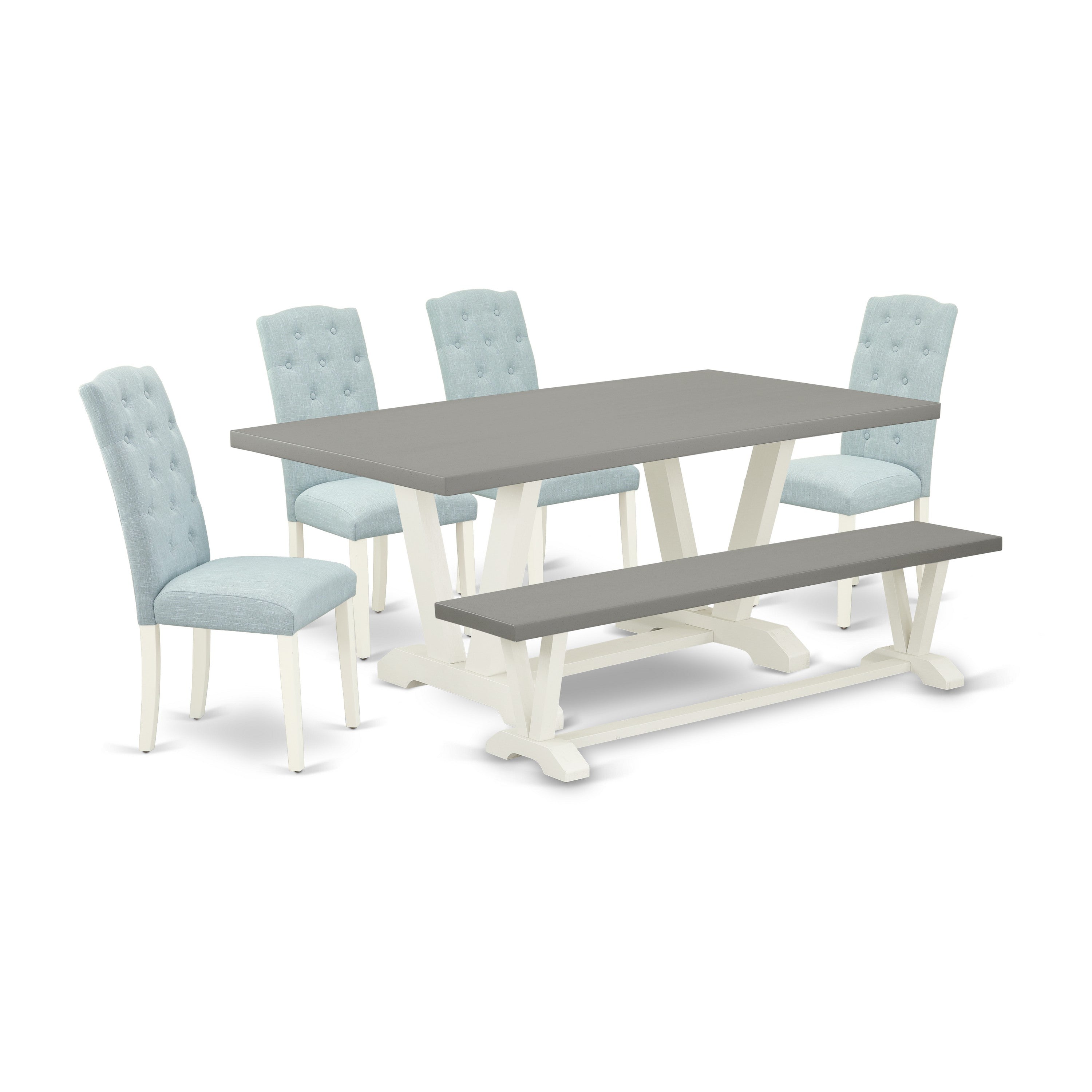 East West Furniture V097CE215-6 6-Piece Dining Room Table Set- 4 Parson Dining Chairs with Baby Blue Linen Fabric Seat and Button Tufted Chair Back - Rectangular top & Wooden Legs Dining Table and Wooden Bench - Cement and linen white Finish