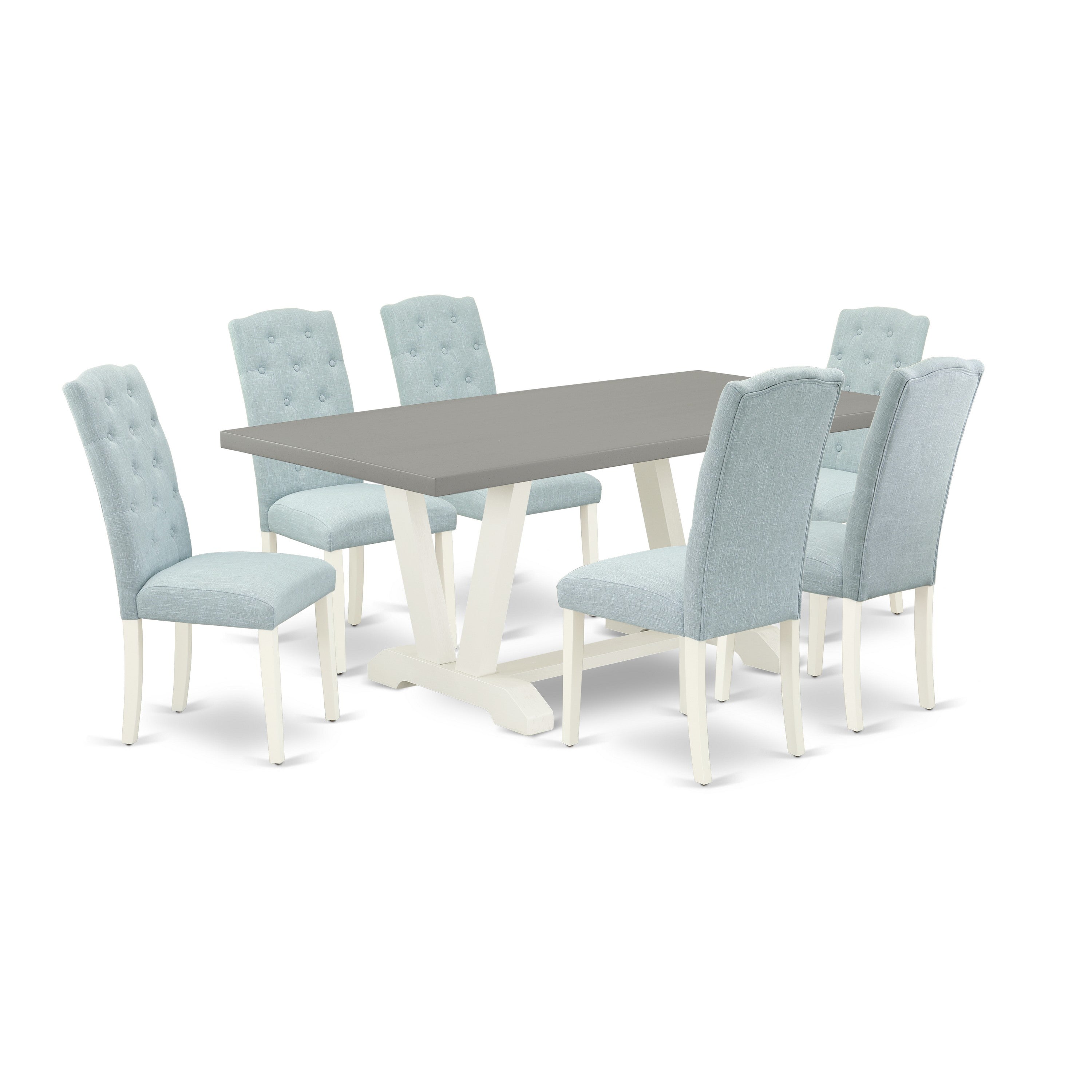 East West Furniture V097CE215-7 7-Piece Dining Room Table Set- 6 Parson Dining Chairs with Baby Blue Linen Fabric Seat and Button Tufted Chair Back - Rectangular Table top & Wooden Legs - Cement and linen white Finish
