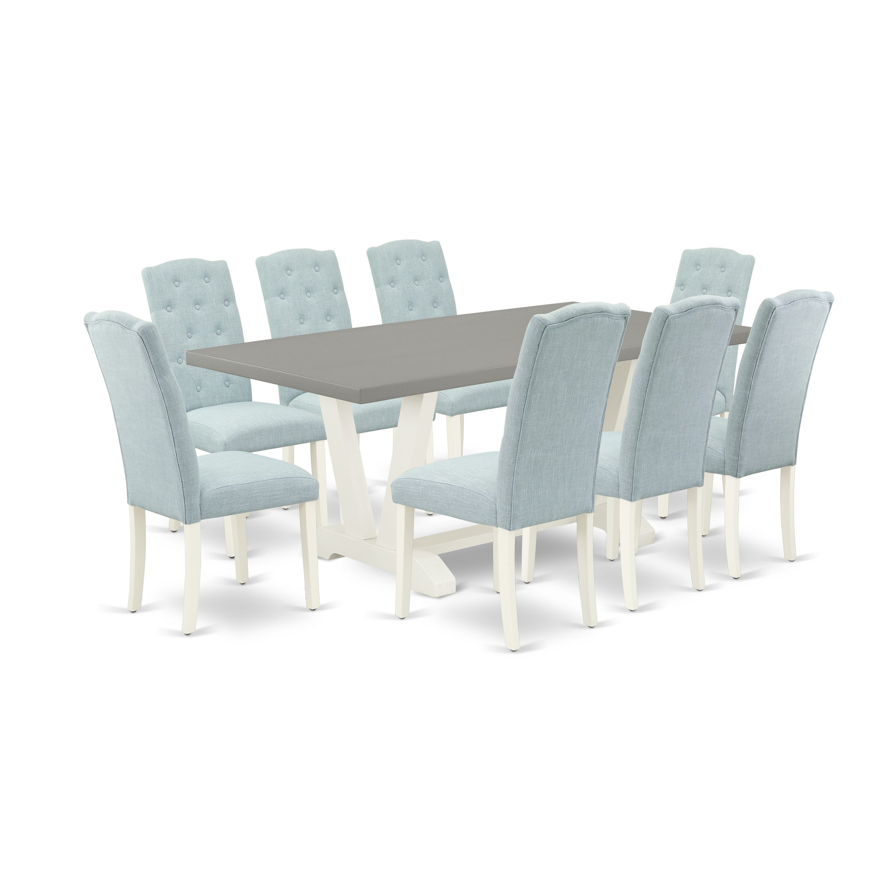 East West Furniture V097CE215-9 9-Piece Dining Room Table Set- 8 kitchen chairs with Baby Blue Linen Fabric Seat and Button Tufted Chair Back - Rectangular Table top & Wooden Legs - Cement and linen white Finish