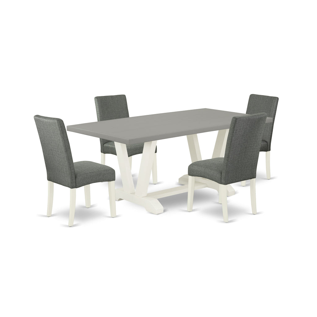 Juego de mesa de cocina de 5 piezas East West Furniture V097DR207-5 para 4 personas. Incluye una mesa de comedor rectangular con patas en V y 4 sillas tapizadas en tela de lino gris.