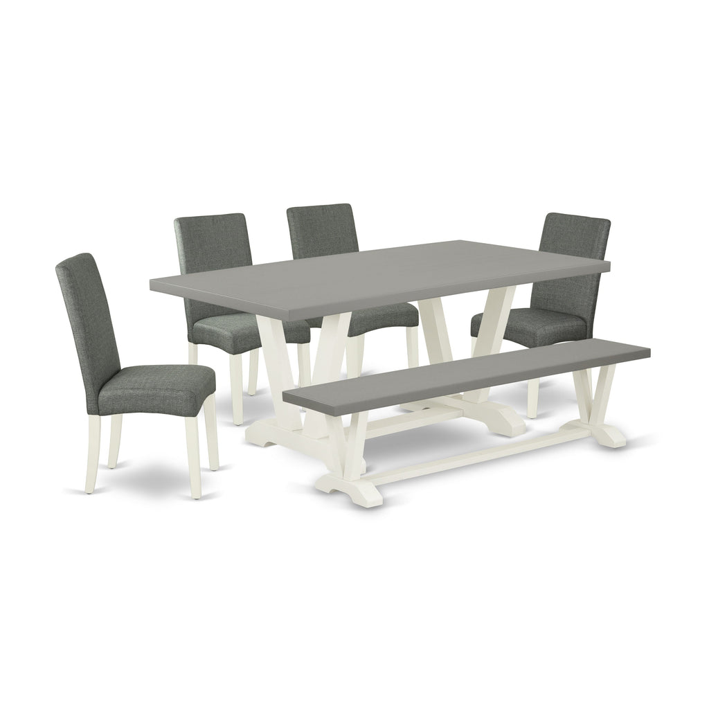 Juego de mesa de comedor de 6 piezas East West Furniture V097DR207-6. Contiene una mesa de comedor rectangular con patas en V y 4 sillas Parson de tela de lino gris con un banco.