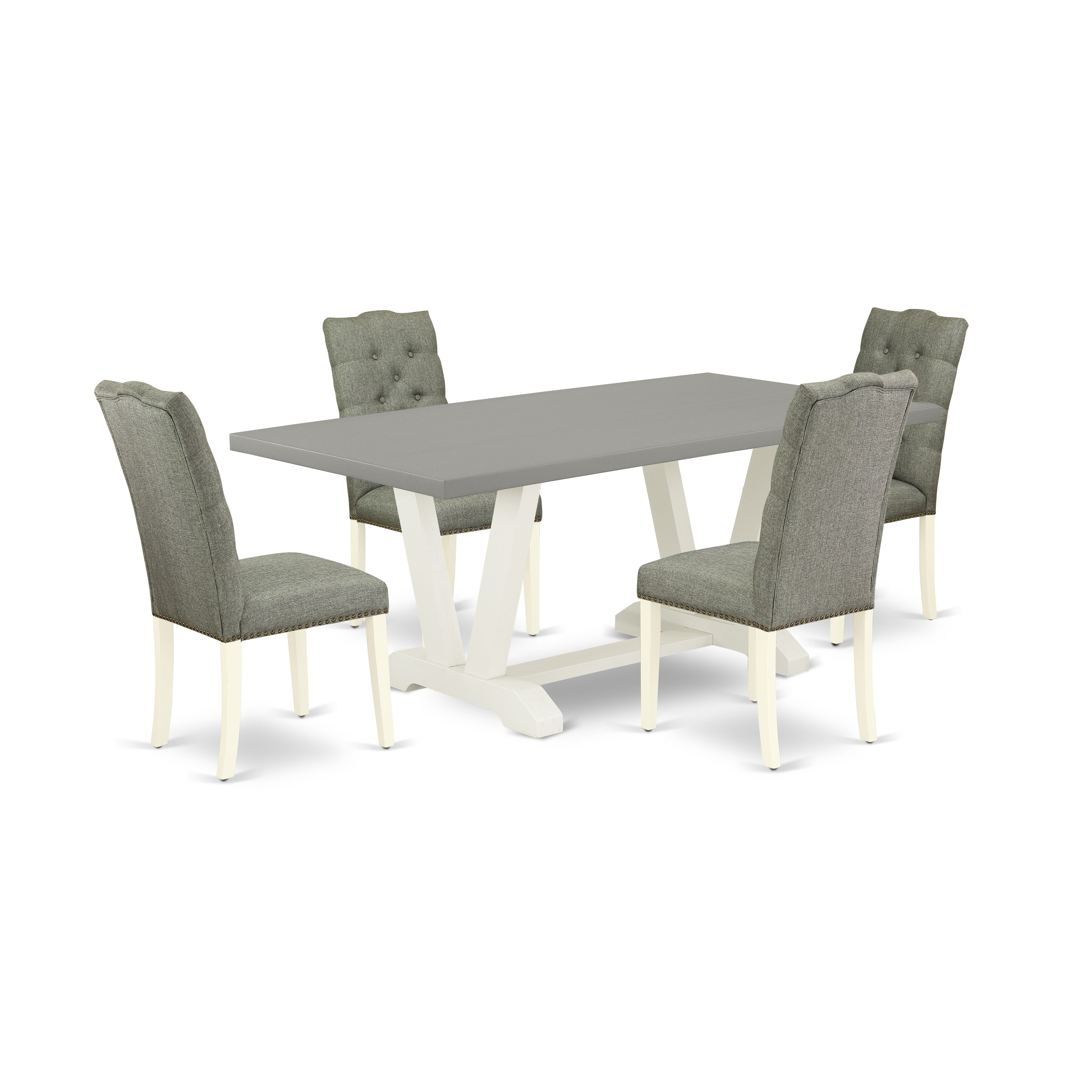 Juego de mesa de comedor moderna de 5 piezas East West Furniture V097EL207-5. Incluye una mesa rectangular de madera con patas en V y 4 sillas tapizadas en tela de lino gris.