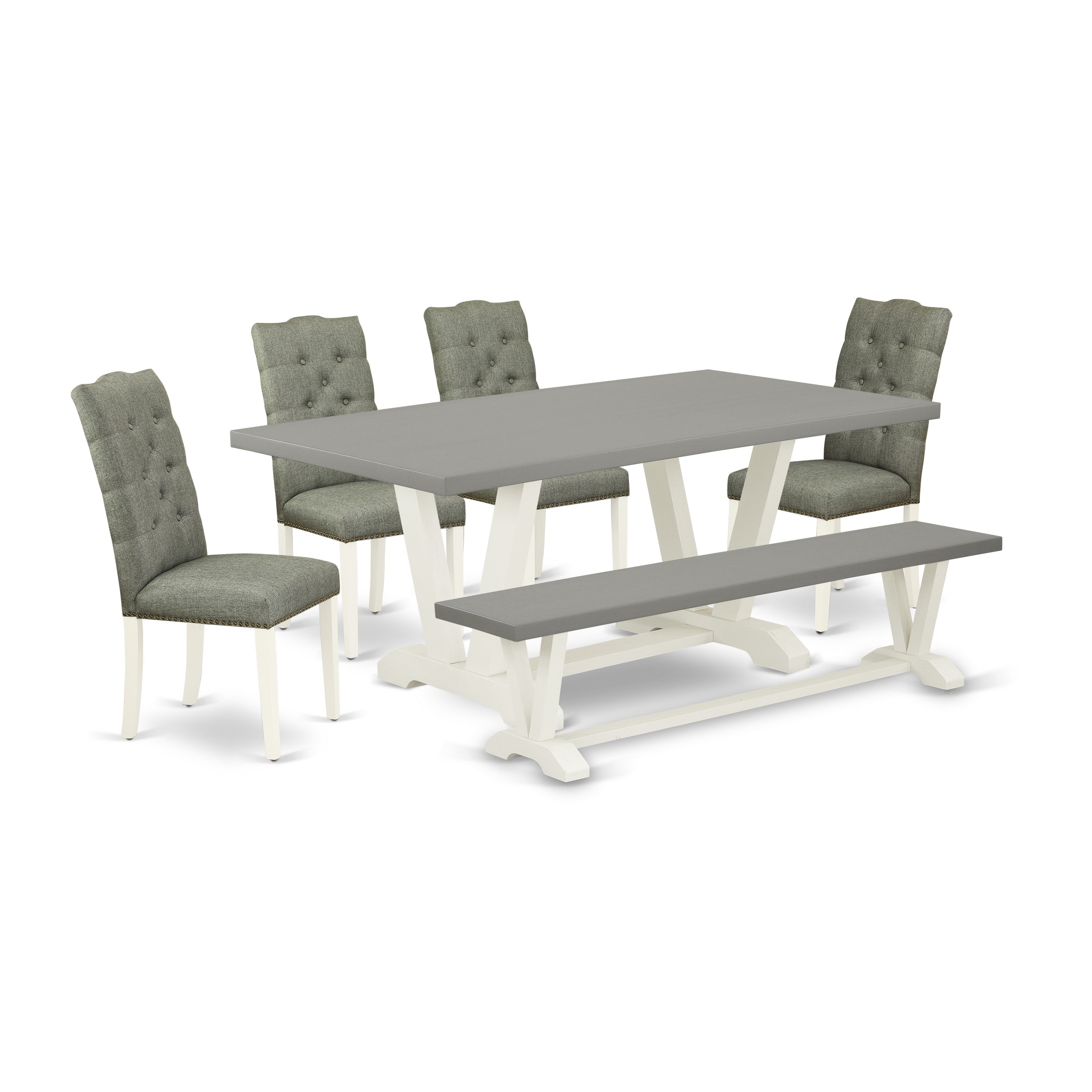 East West Furniture V097EL207-6 6-Pc Dining Table Set- 4 Padded Parson Chairs with Smoke Linen Fabric Seat and Button Tufted Chair Back - Rectangular top & Wooden Legs Wood Dining Table and Small Bench - Cement and linen white Finish