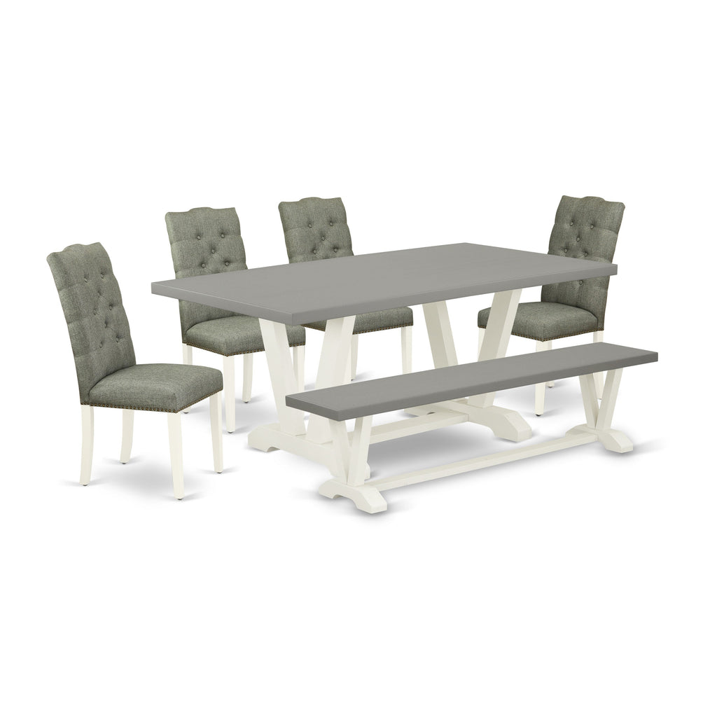 East West Furniture V097EL207-6 6 Piece Dining Room Table Set Contains a Rectangle Kitchen Table with V-Legs and 4 Gray Linen Fabric Parson Chairs with a Bench