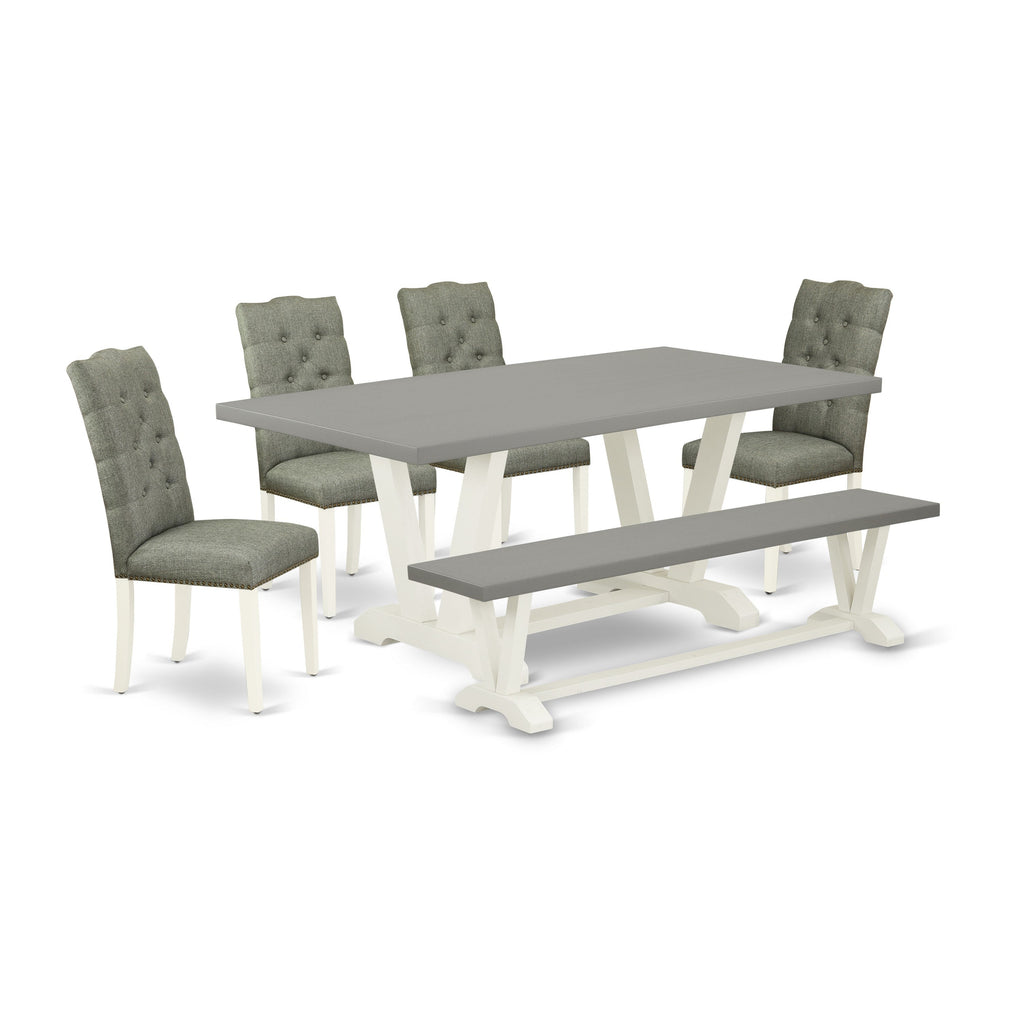 East West Furniture V097EL207-6 6 Piece Dining Room Table Set Contains a Rectangle Kitchen Table with V-Legs and 4 Gray Linen Fabric Parson Chairs with a Bench, 40x72 Inch, Multi-Color