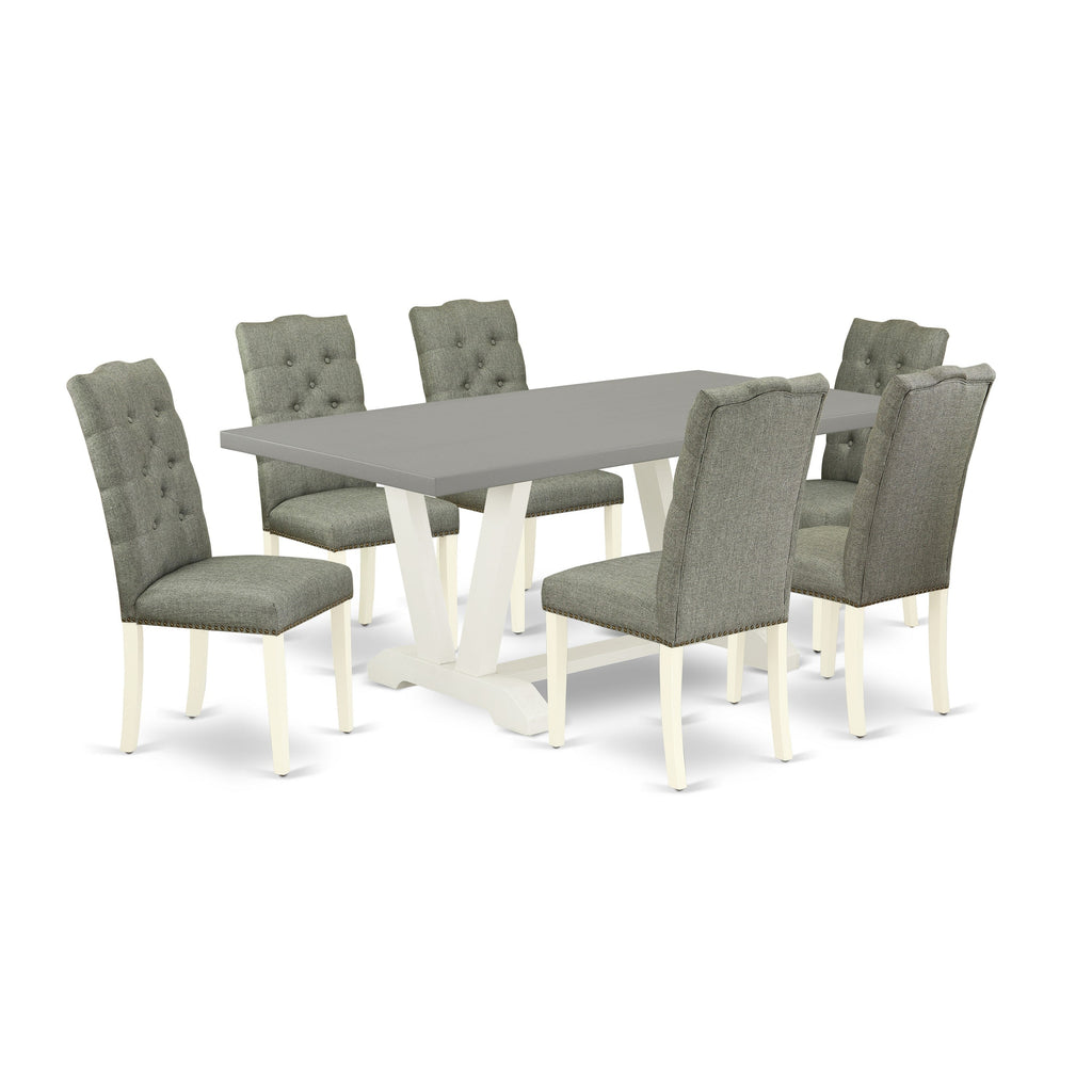 East West Furniture V097EL207-7 7 Piece Dining Table Set Consist of a Rectangle Kitchen Table with V-Legs and 6 Gray Linen Fabric Parson Dining Room Chairs