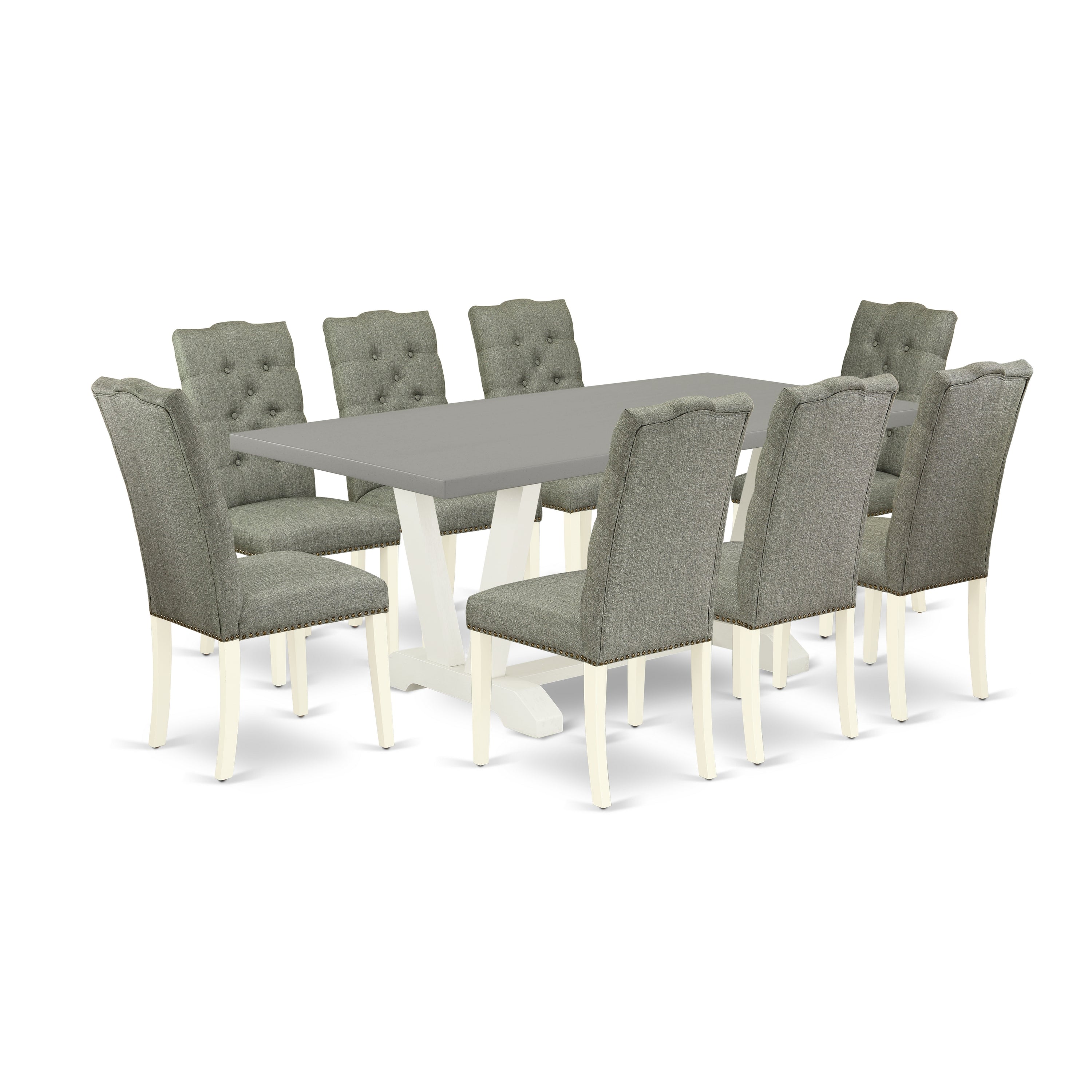 East West Furniture V097EL207-9 9-Pc Dinette Set- 8 Mid Century Dining Chairs with Smoke Linen Fabric Seat and Button Tufted Chair Back - Rectangular Table top & Wooden Legs - Cement and linen white Finish
