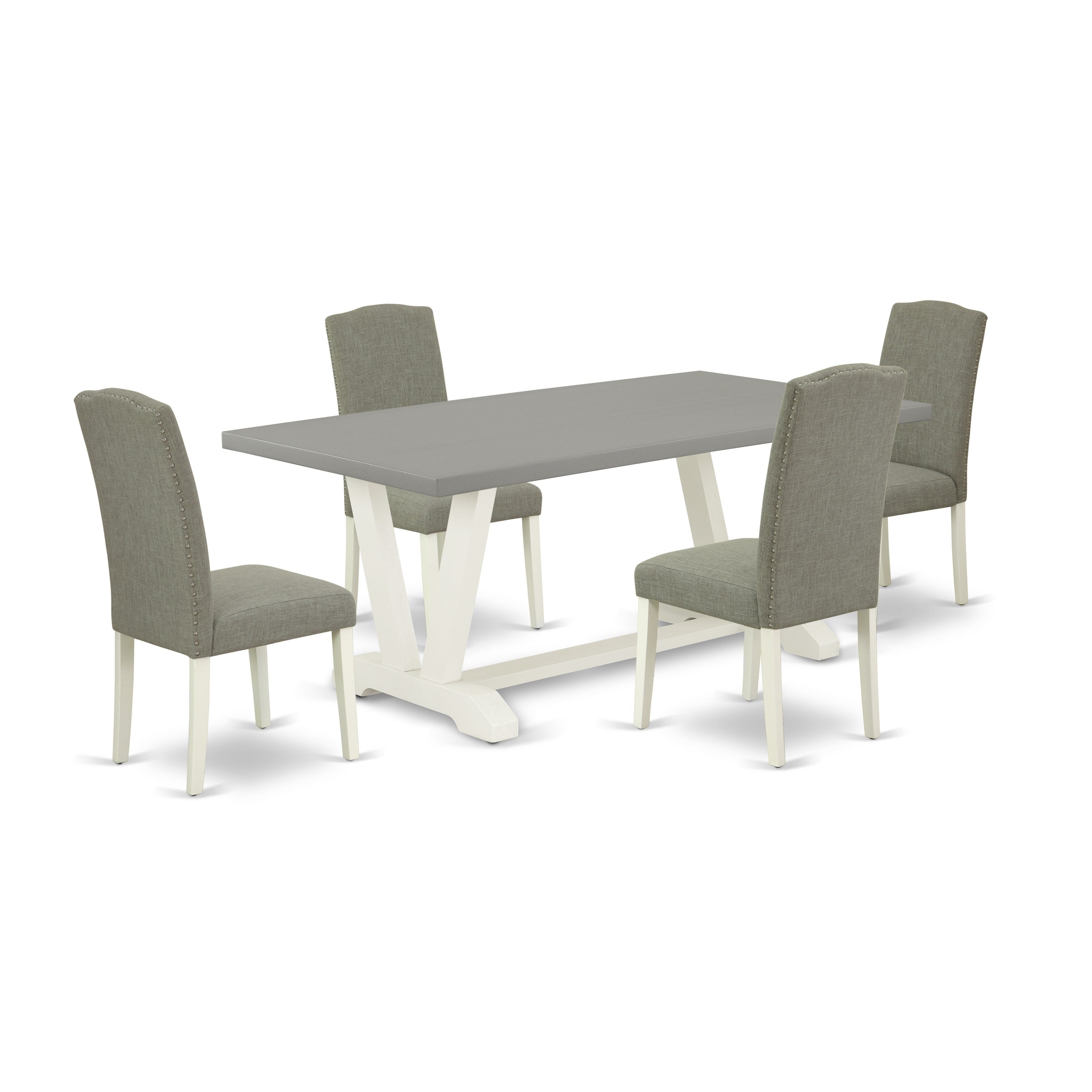 El juego de mesa de comedor de 5 piezas East West Furniture V097EN206-5 incluye una mesa de comedor rectangular con patas en V y 4 sillas tapizadas en tela de lino shitake oscuro.