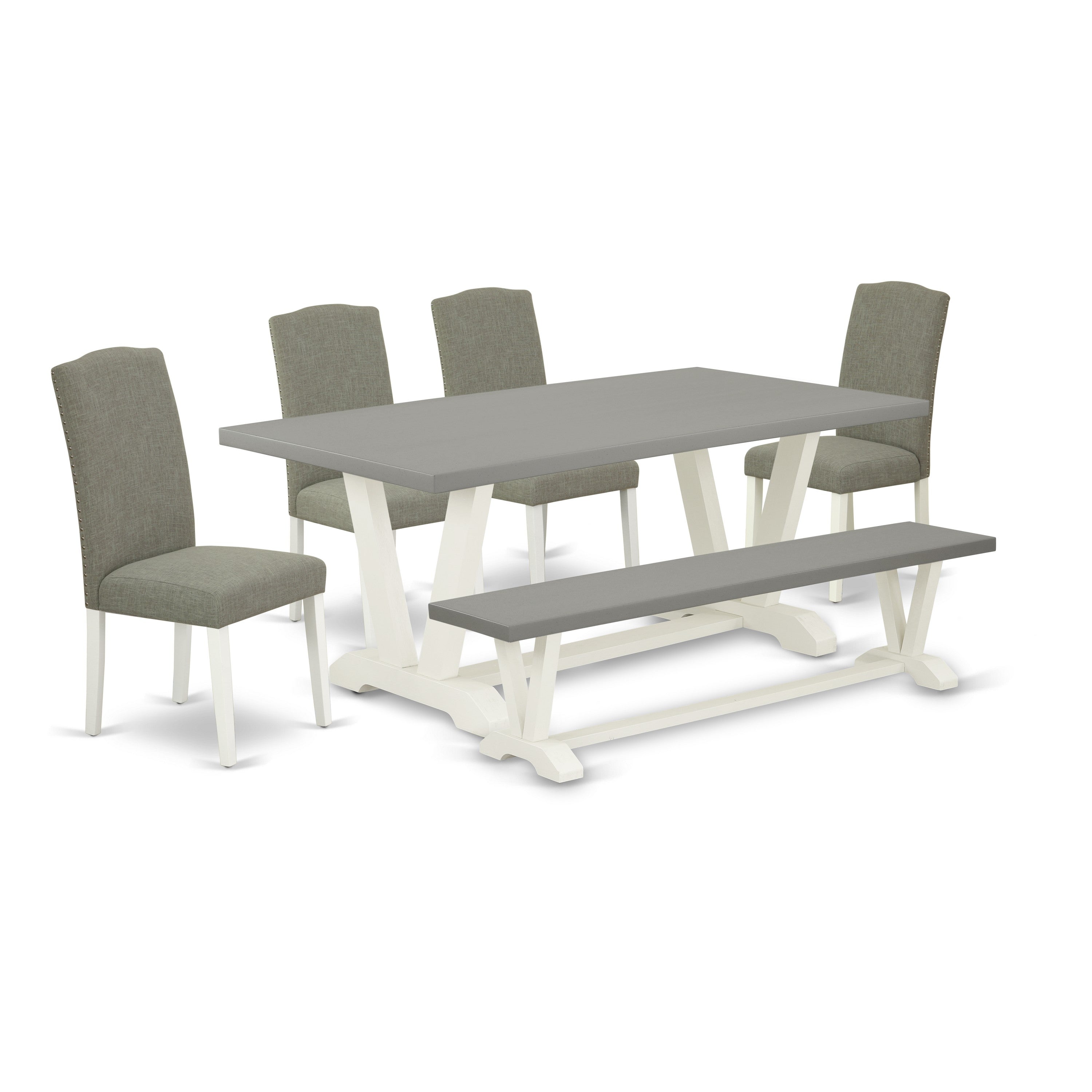East West Furniture V097EN206-6 6-Piece Dinette Set with Dining Table and Small Bench - 4 Linen Fabric Dining Chairs (linen white Finish)
