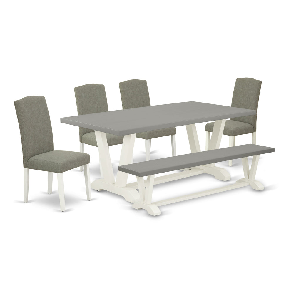 East West Furniture V097EN206-6 6 Piece Kitchen Table Set Contains a Rectangle Dining Table and 4 Dark Shitake Linen Fabric Upholstered Chairs with a Bench