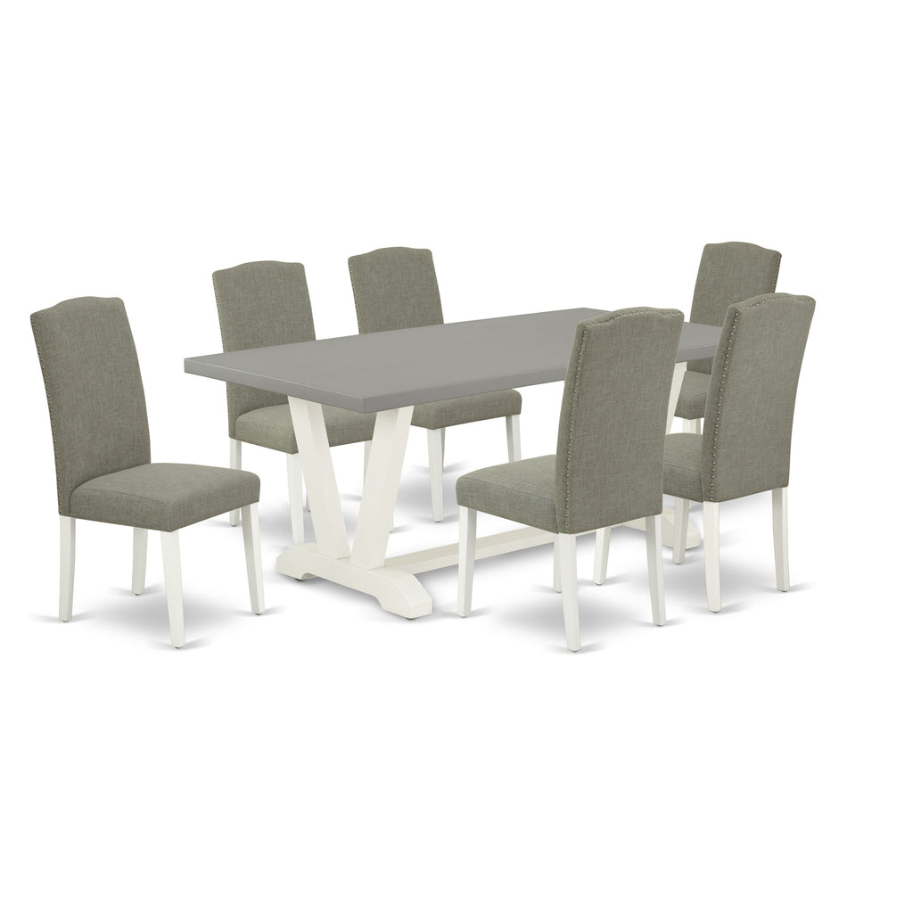 East West Furniture V097EN206-7 7 Piece Modern Dining Table Set Consist of a Rectangle Wooden Table with V-Legs and 6 Dark Shitake Linen Fabric Upholstered Chairs, 40x72 Inch, Multi-Color