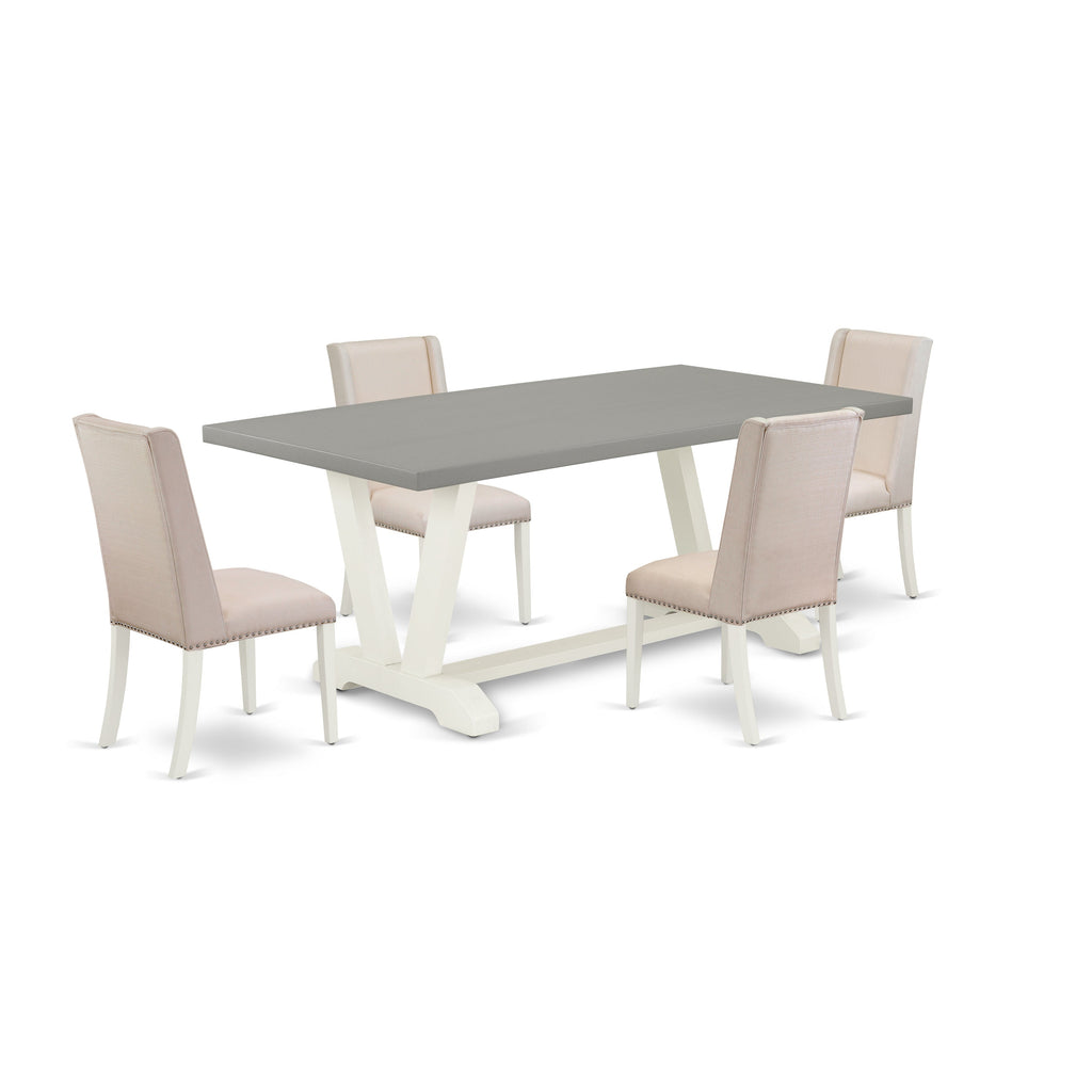 East West Furniture V097FL201-5 5 Piece Dining Room Furniture Set Includes a Rectangle Dining Table with V-Legs and 4 Cream Linen Fabric Upholstered Chairs