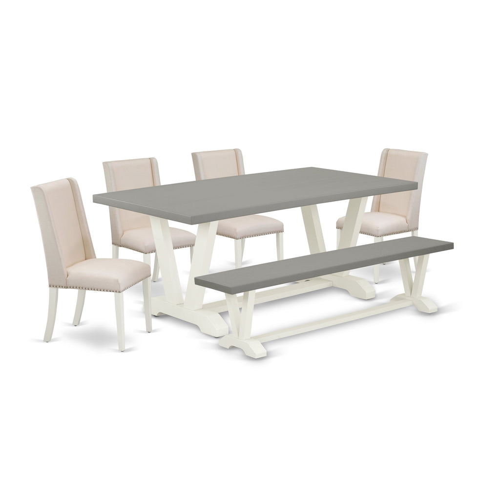 East West Furniture V097FL201-6 6 Piece Dinette Set Contains a Rectangle Dining Room Table with V-Legs and 4 Cream Linen Fabric Upholstered Chairs with a Bench