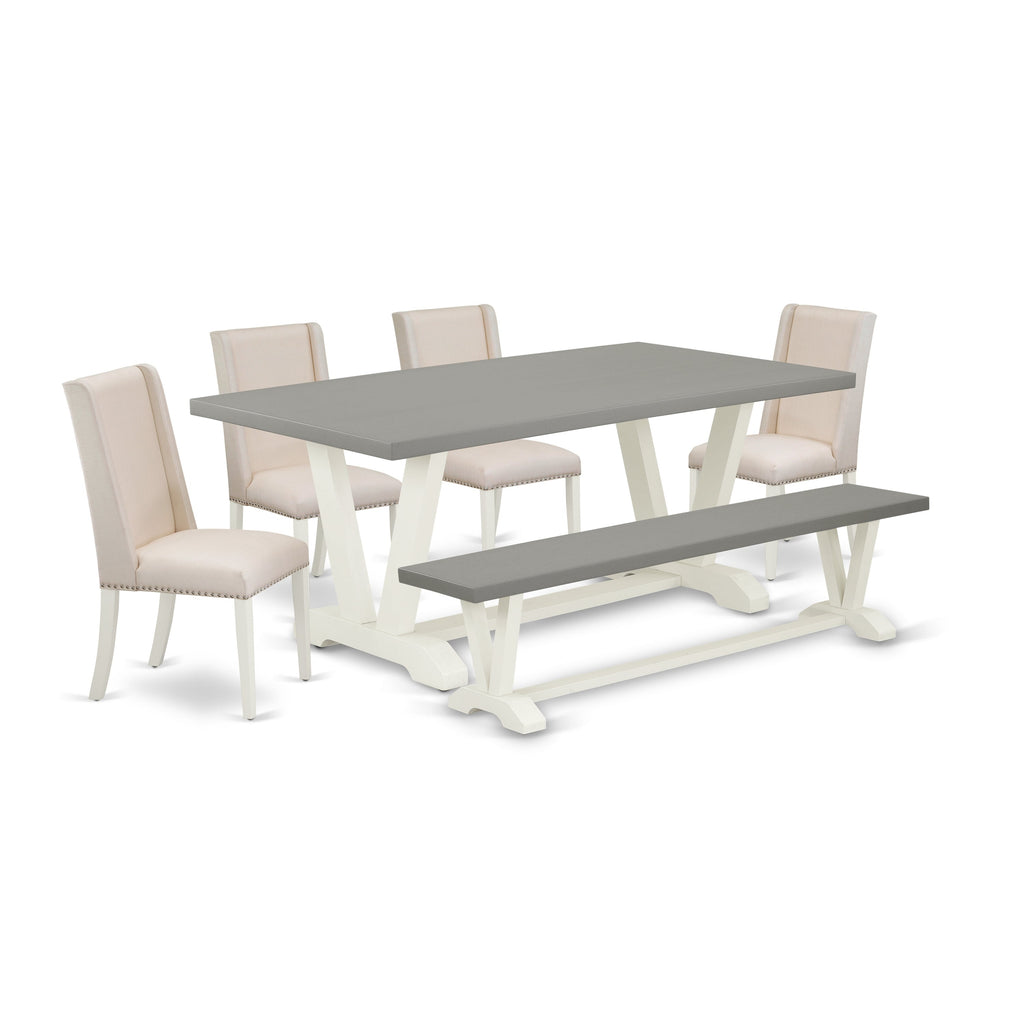 East West Furniture V097FL201-6 6 Piece Dinette Set Contains a Rectangle Dining Room Table with V-Legs and 4 Cream Linen Fabric Upholstered Chairs with a Bench, 40x72 Inch, Multi-Color