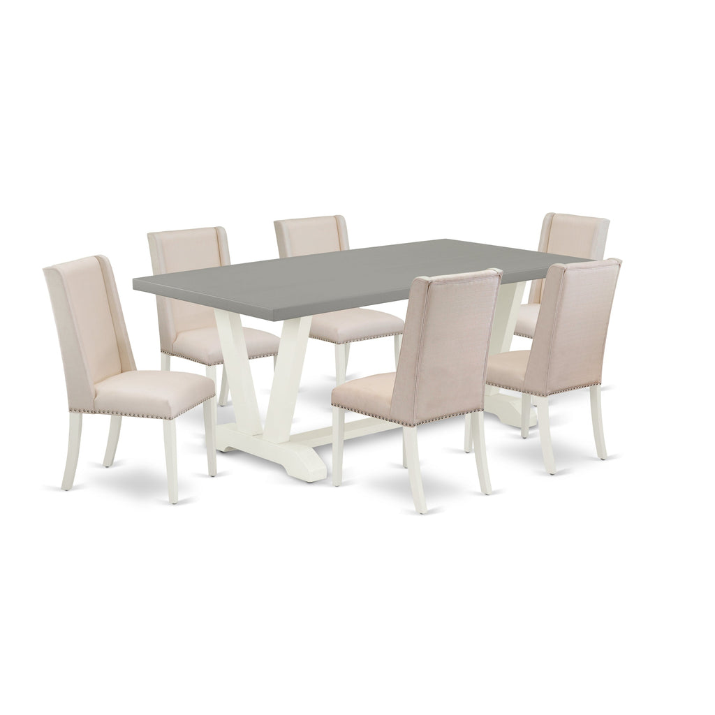 East West Furniture V097FL201-7 7 Piece Dining Set Consist of a Rectangle Dining Room Table with V-Legs and 6 Cream Linen Fabric Upholstered Parson Chairs