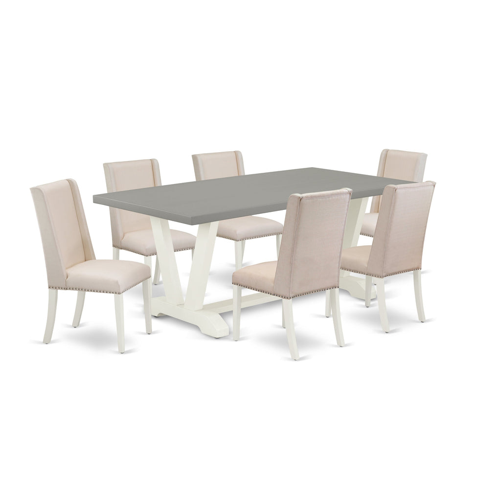 East West Furniture V097FL201-7 7 Piece Dining Set Consist of a Rectangle Dining Room Table with V-Legs and 6 Cream Linen Fabric Upholstered Parson Chairs, 40x72 Inch, Multi-Color