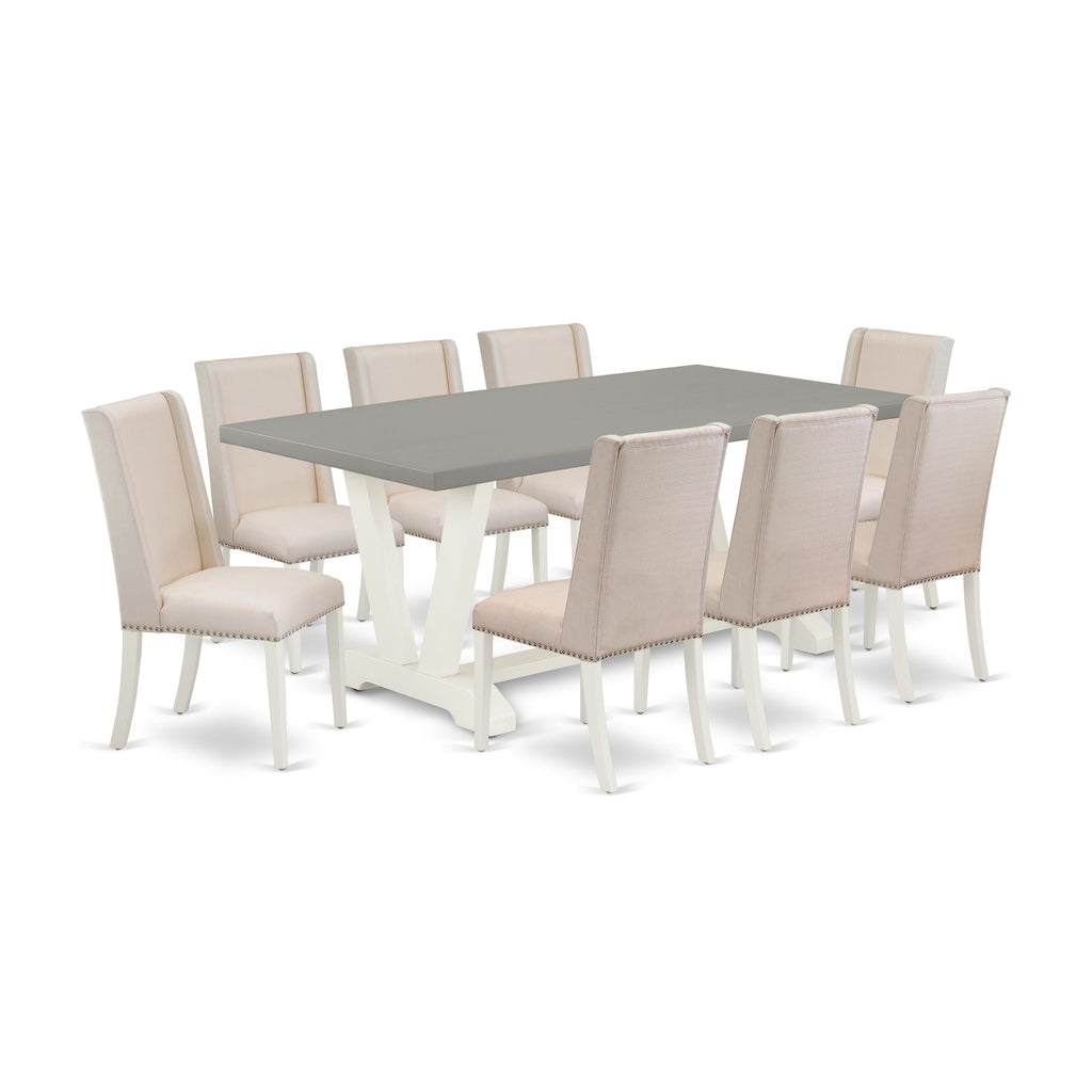 East West Furniture V097FL201-9 9 Piece Kitchen Table & Chairs Set Includes a Rectangle Dining Room Table with V-Legs and 8 Cream Linen Fabric Upholstered Chairs