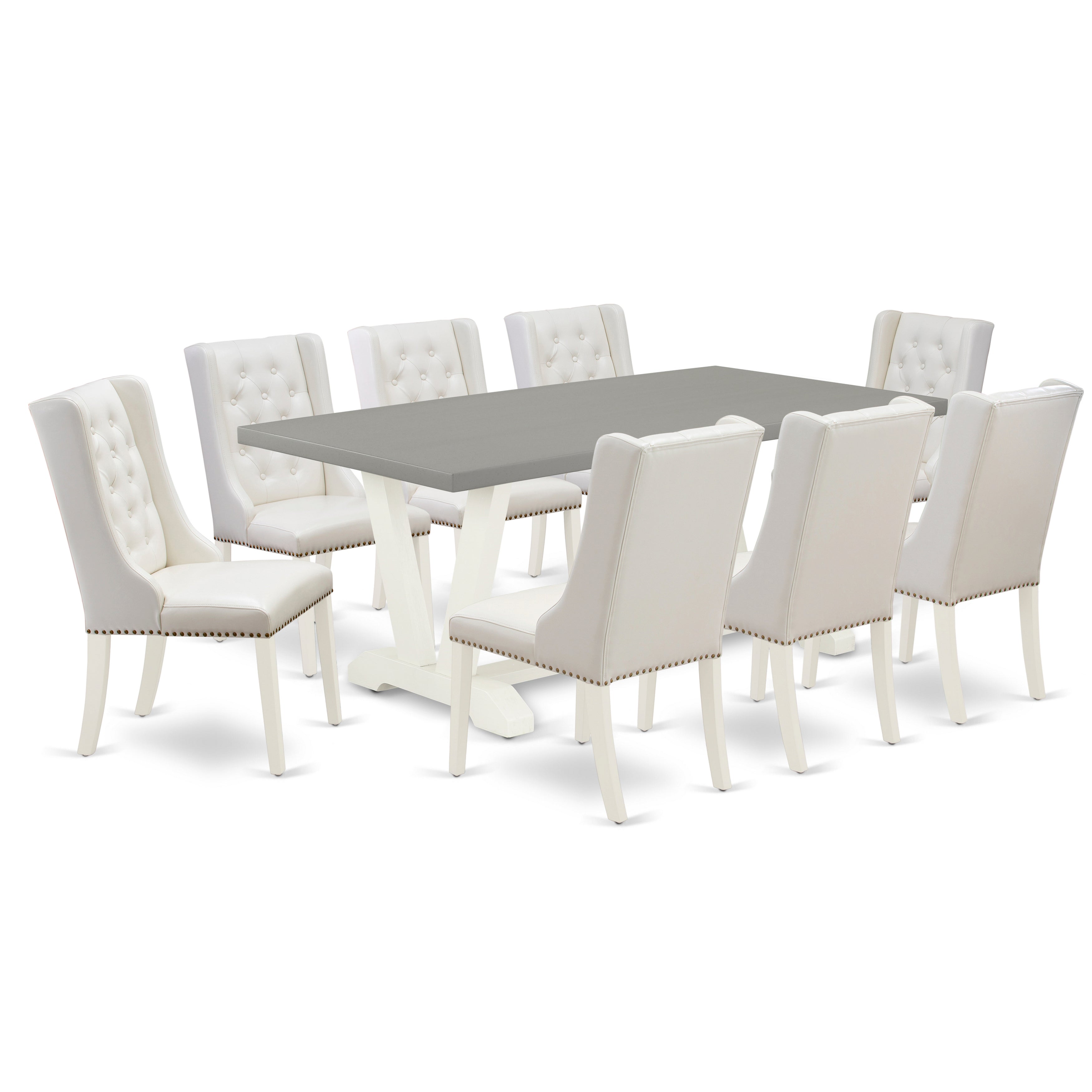 East West Furniture V097FO244-9 9-Pc Dining Table Set Includes 8 Linen white Pu faux Leather Dining Chair Button Tufted with Nail heads and Rectangular Dining Table - linen white Finish