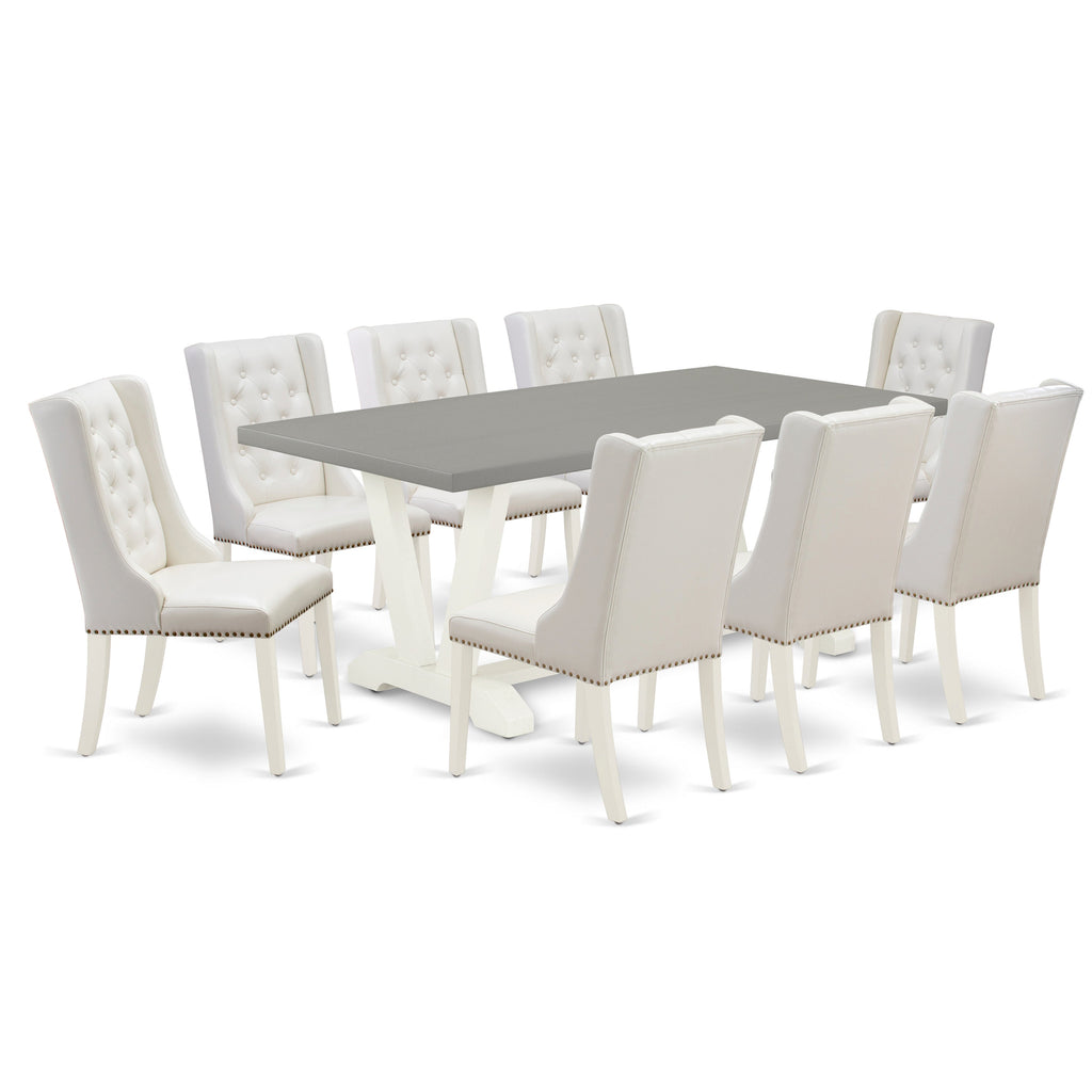 Juego de mesa de cocina de 9 piezas East West Furniture V097FO244-9 Incluye una mesa de comedor rectangular con patas en V y 8 sillas de comedor Parsons de cuero sintético gris claro