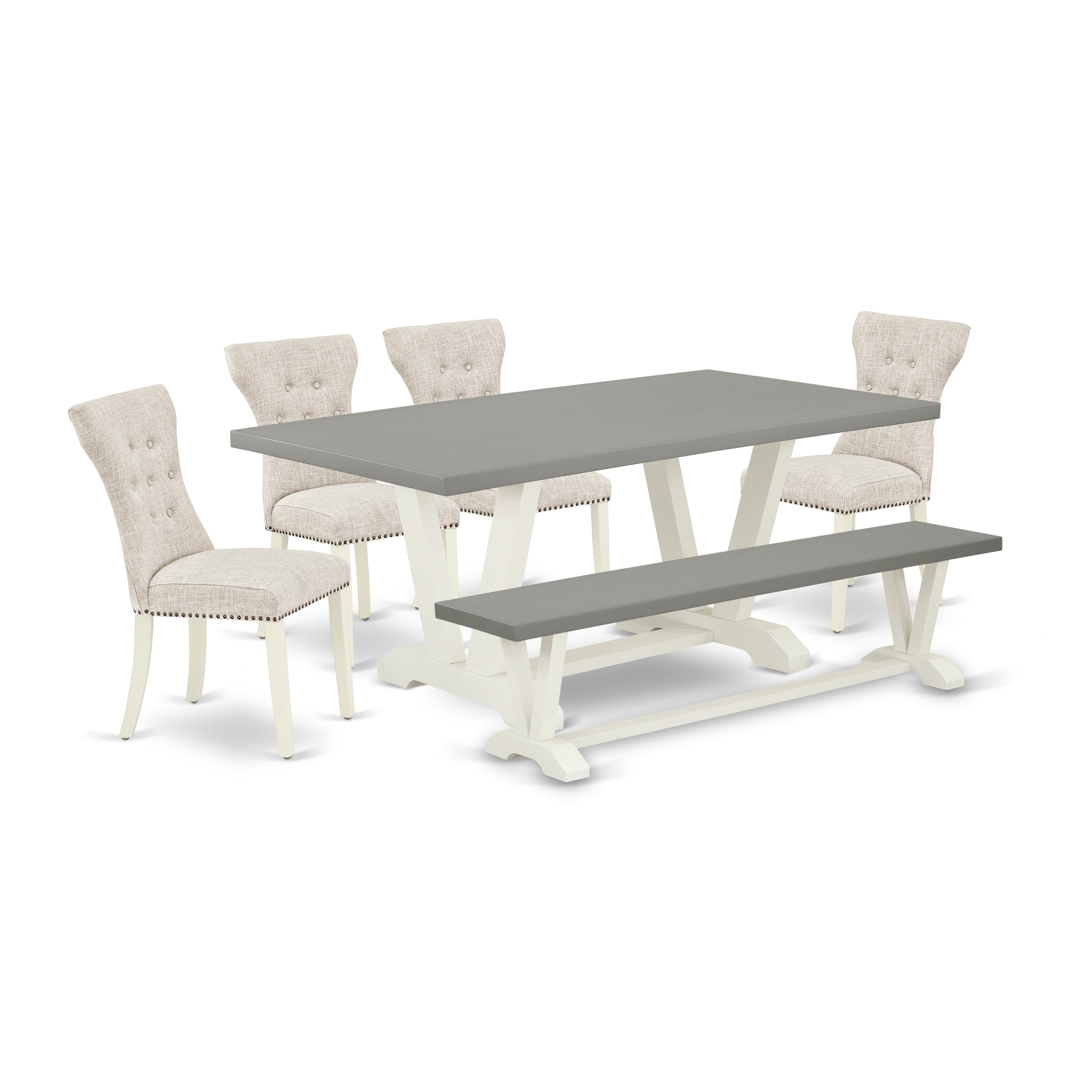 East West Furniture V097GA235-6 6-Pc Dining Room Set- 4 Doeskin Linen Fabric kitchen chairs with Button Tufted Back - A Modern Dining Table and 1 Dining Bench - Cement Finish