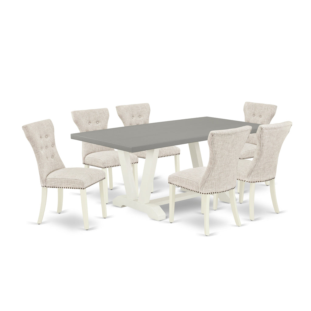 Juego de mesa y sillas de cocina East West Furniture V097GA235-7 de 7 piezas. Incluye una mesa de comedor rectangular con patas en V y 6 sillas Parson de tela de lino y piel de venado.
