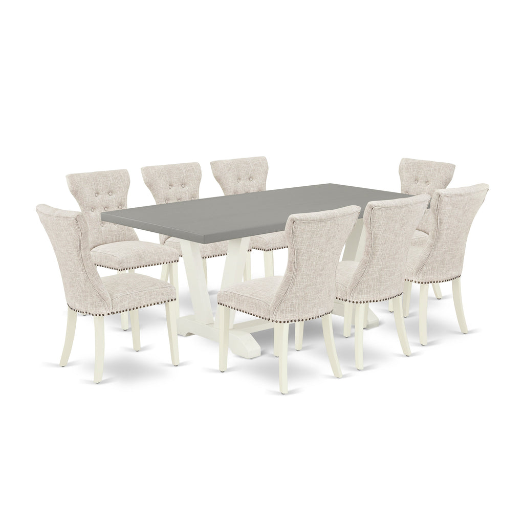 East West Furniture V097GA235-9 9 Piece Modern Dining Table Set Includes a Rectangle Wooden Table with V-Legs and 8 Doeskin Linen Fabric Parson Dining Chairs, 40x72 Inch, Multi-Color