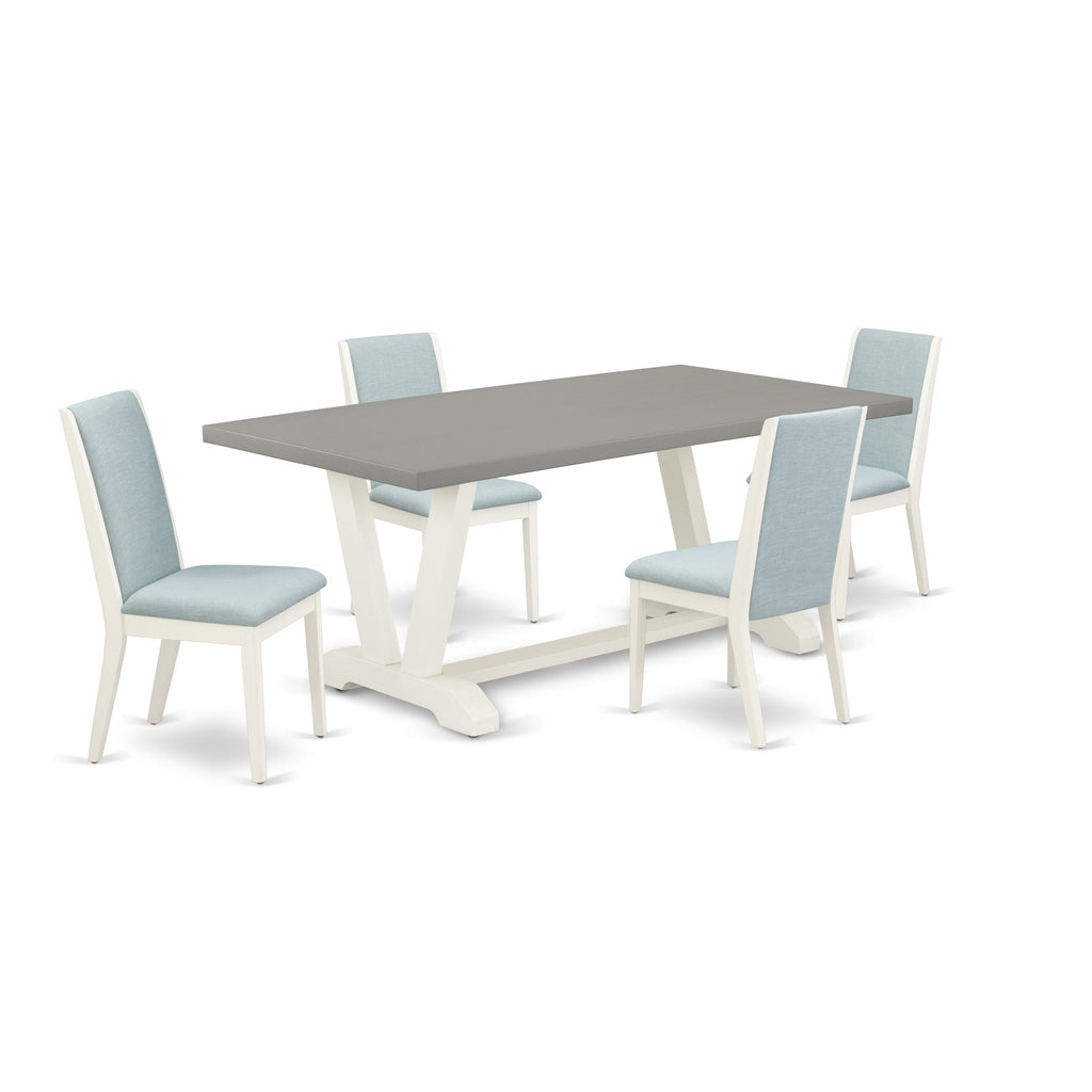 East West Furniture V097LA015-5 5 Piece Modern Dining Table Set Includes a Rectangle Wooden Table with V-Legs and 4 Baby Blue Linen Fabric Upholstered Chairs, 40x72 Inch, Multi-Color