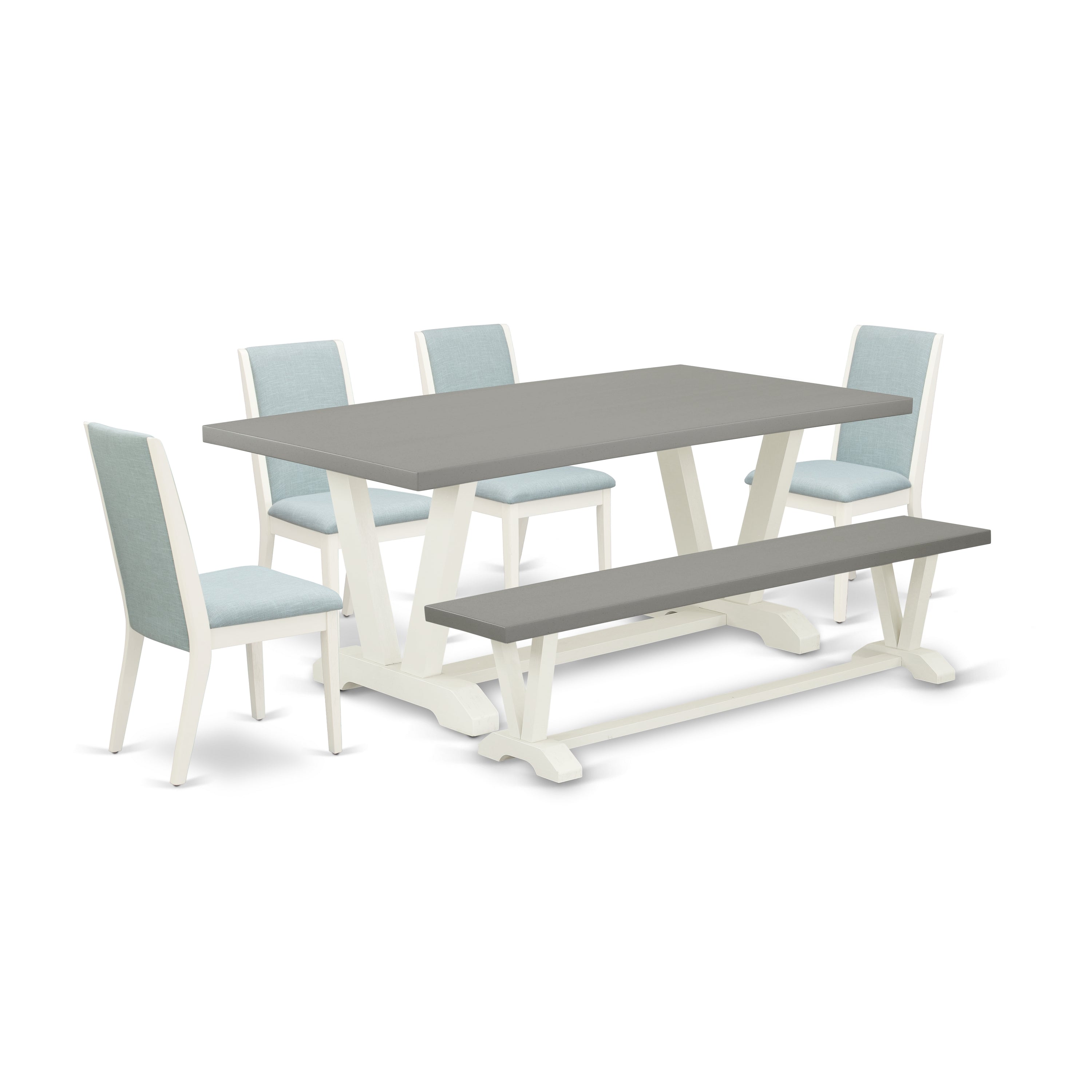 Juego de mesa de comedor de 6 piezas East West Furniture V097LA015-6. Contiene una mesa de comedor rectangular con patas en V y 4 sillas Parson de tela de lino azul bebé con un banco.