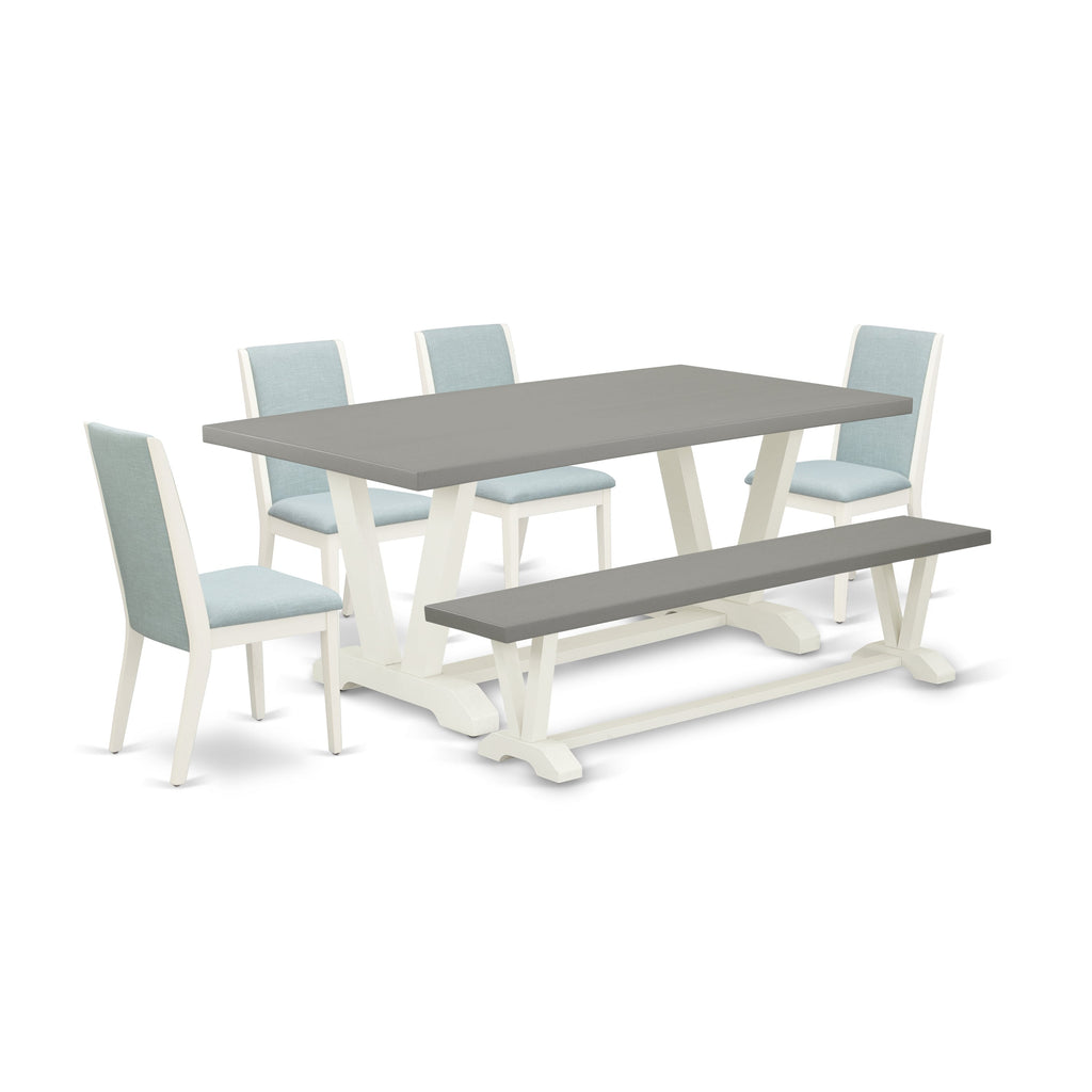 Juego de mesa de comedor de 6 piezas East West Furniture V097LA015-6. Contiene una mesa de comedor rectangular con patas en V y 4 sillas Parson de tela de lino azul bebé con un banco.
