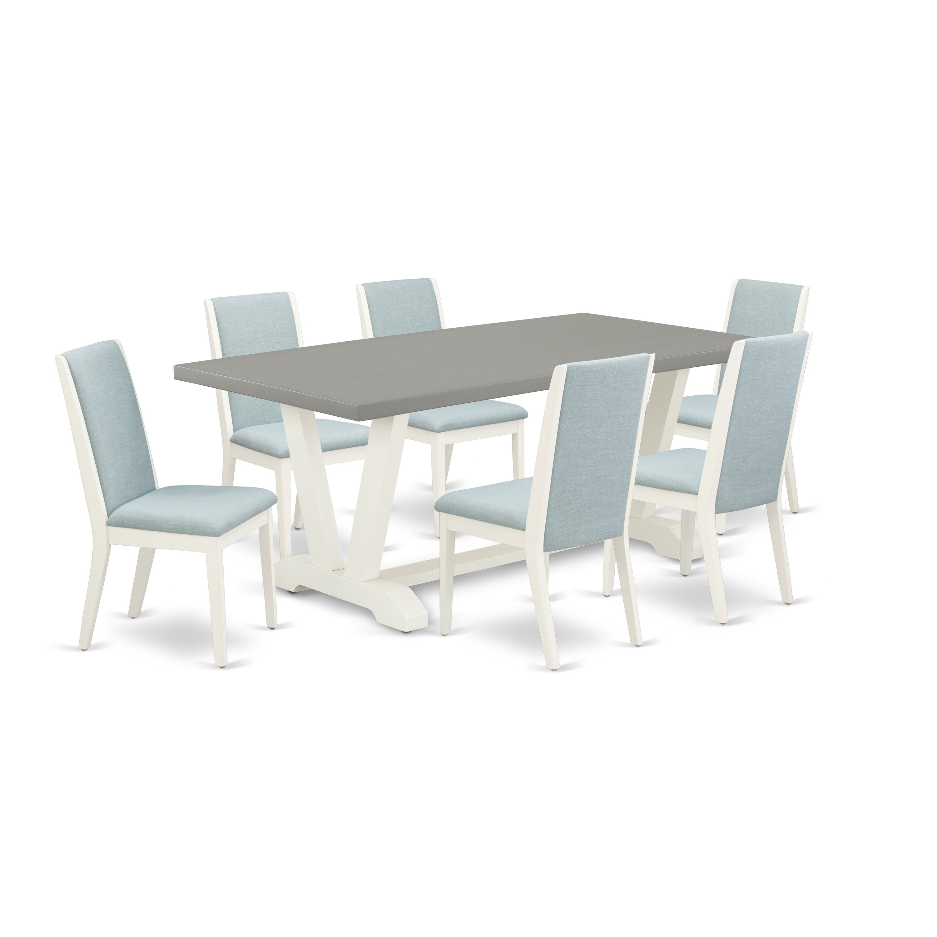 Juego de comedor de 7 piezas East West Furniture V097LA015-7 compuesto por una mesa de comedor rectangular con patas en V y 6 sillas de comedor Parson de tela de lino azul bebé.