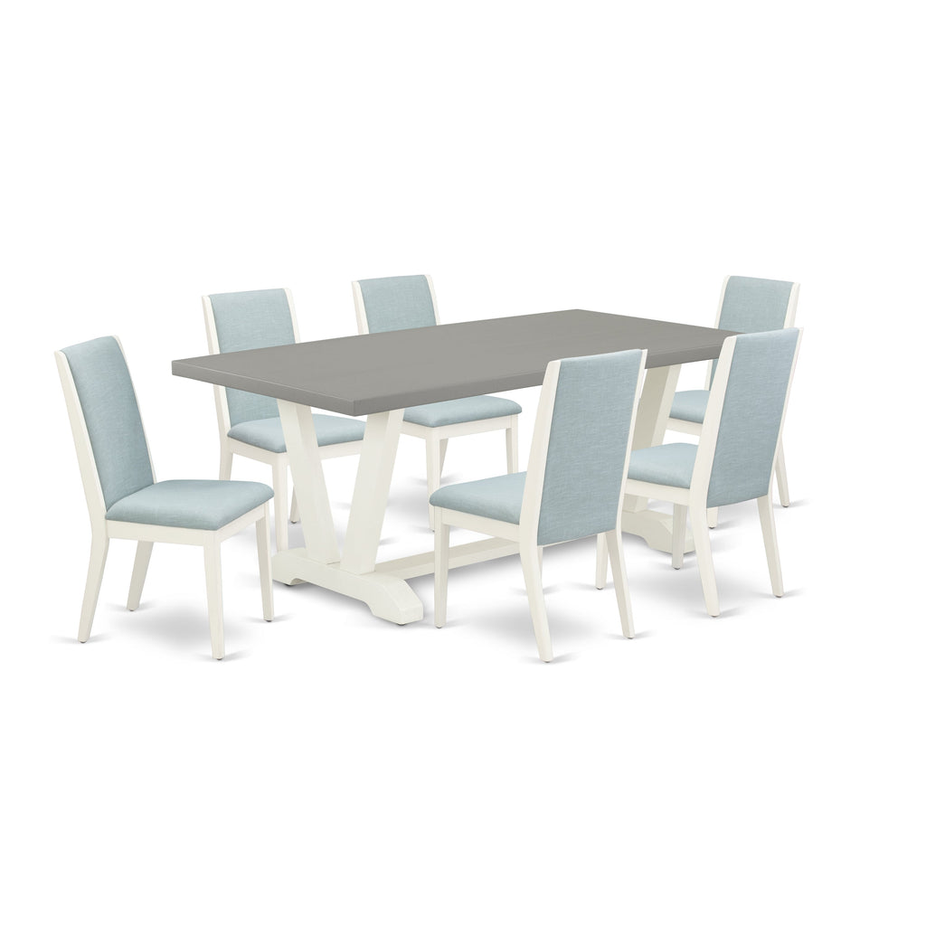 Juego de comedor de 7 piezas East West Furniture V097LA015-7 compuesto por una mesa de comedor rectangular con patas en V y 6 sillas de comedor Parson de tela de lino azul bebé.