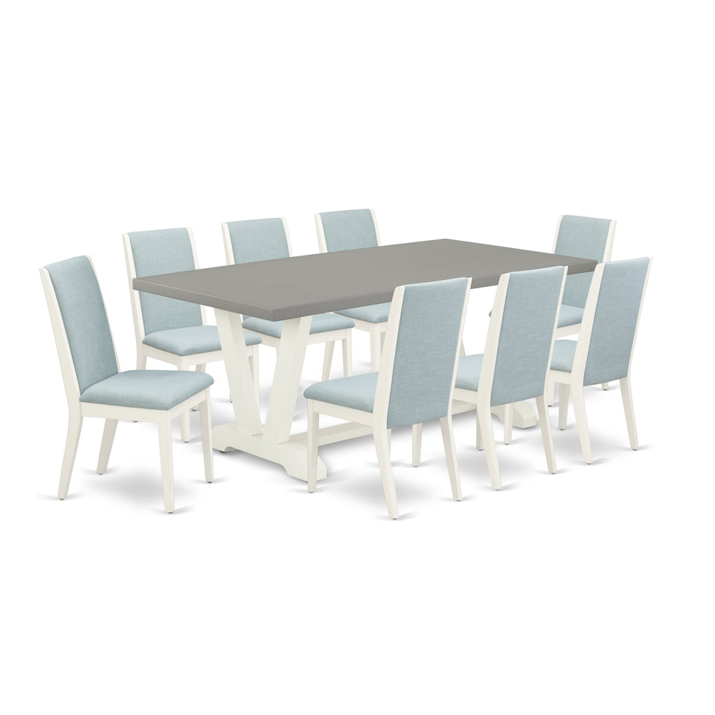 Juego de mesa y sillas de cocina de 9 piezas East West Furniture V097LA015-9. Incluye una mesa de comedor rectangular con patas en V y 8 sillas Parson de tela de lino azul bebé.