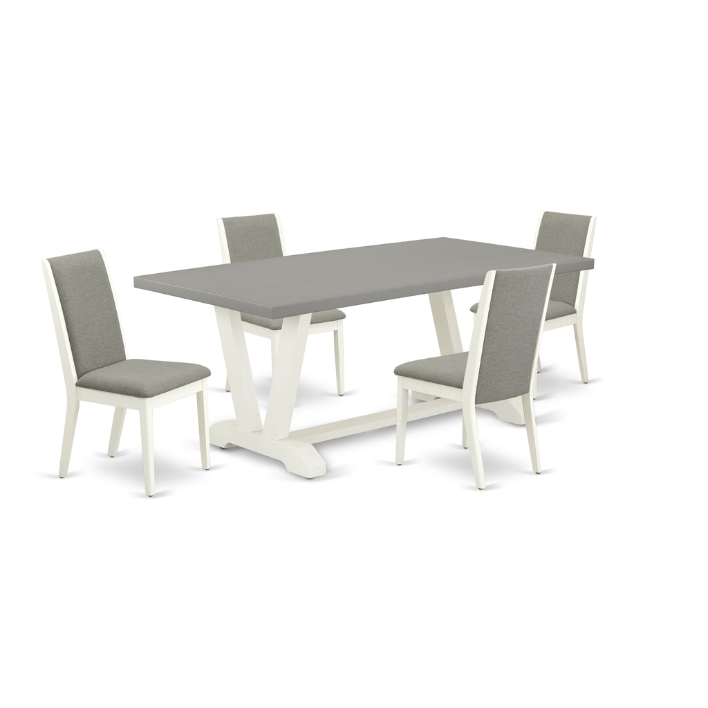 Juego de mesa y sillas de cocina de 5 piezas East West Furniture V097LA206-5. Incluye una mesa de comedor rectangular con patas en V y 4 sillas Parsons de tela de lino Shitake.