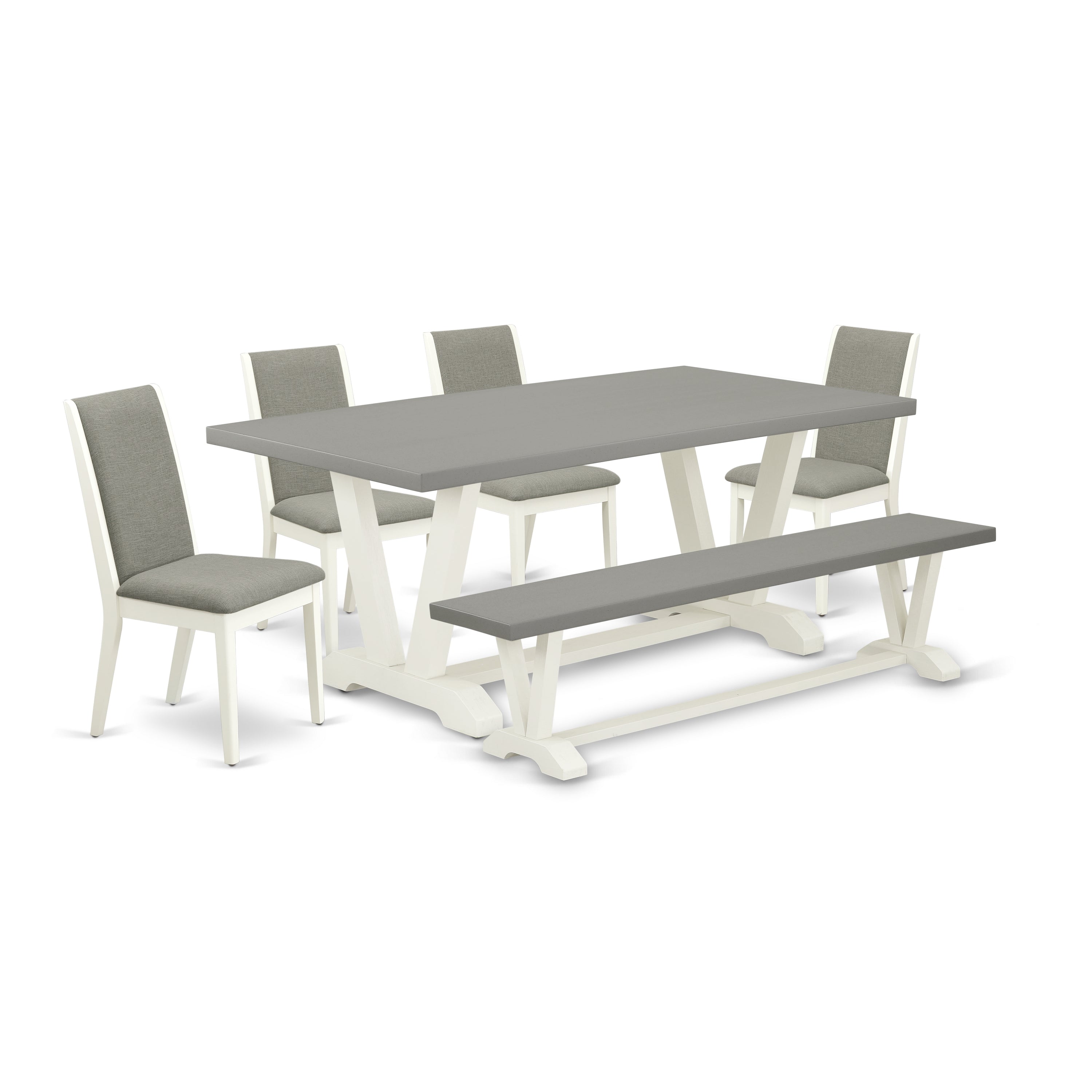 Juego de mesa de comedor de 6 piezas East West Furniture V097LA206-6. Contiene una mesa de comedor rectangular con patas en V y 4 sillas Parson de tela de lino Shitake con un banco.