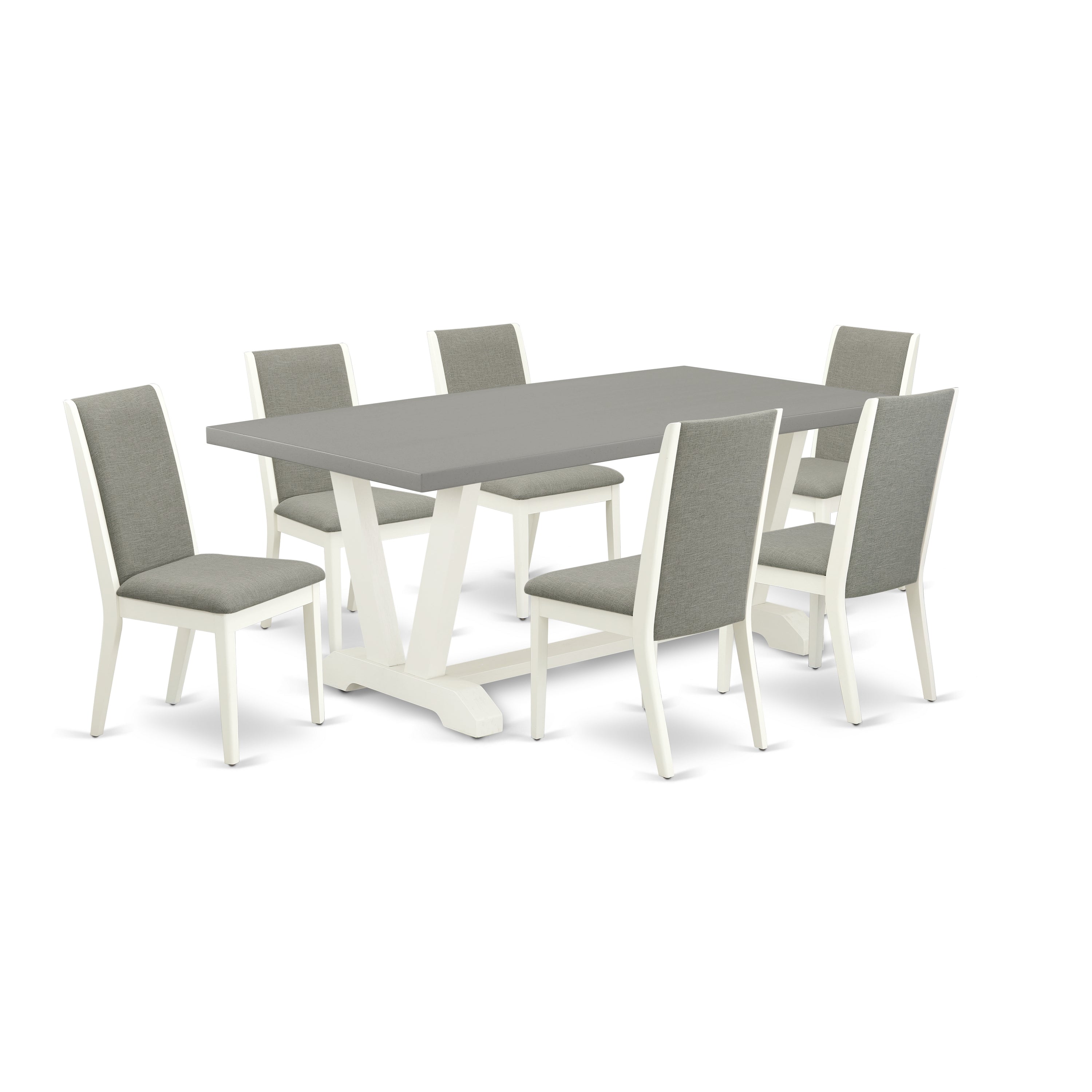 Juego de mesa de comedor East West Furniture V097LA206-7 de 7 piezas. Incluye una mesa de cocina rectangular con patas en V y 6 sillas de comedor Parsons de tela de lino shiitake.