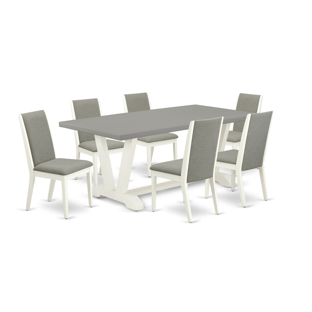 Juego de mesa de comedor East West Furniture V097LA206-7 de 7 piezas. Incluye una mesa de cocina rectangular con patas en V y 6 sillas de comedor Parsons de tela de lino shiitake.