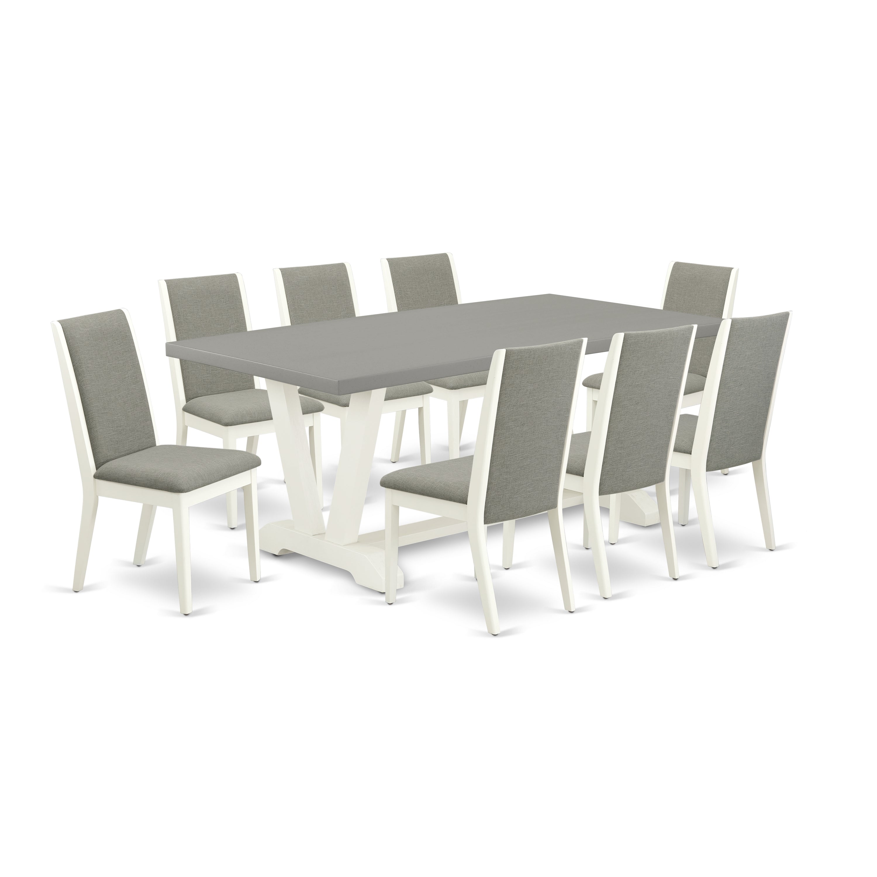 Juego de comedor de 9 piezas East West Furniture V097LA206-9. Incluye una mesa de comedor rectangular con patas en V y 8 sillas Parson tapizadas en tela de lino Shitake.