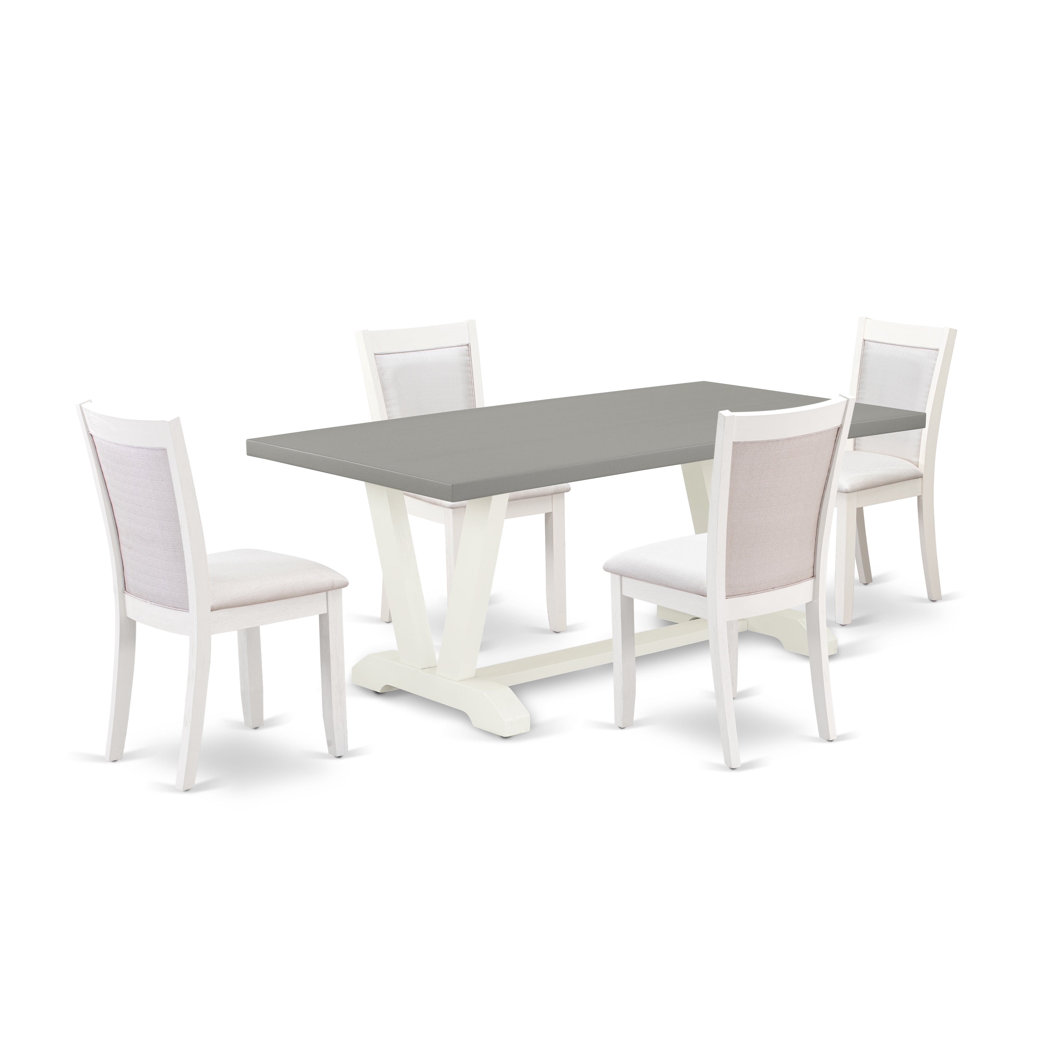 East West Furniture V097MZ001-5 5-Pc Dinette Set Consists of a Mid Century Table and 4 Cream Linen Fabric Dining Chairs with Stylish Back - Wire Brushed linen white Finish