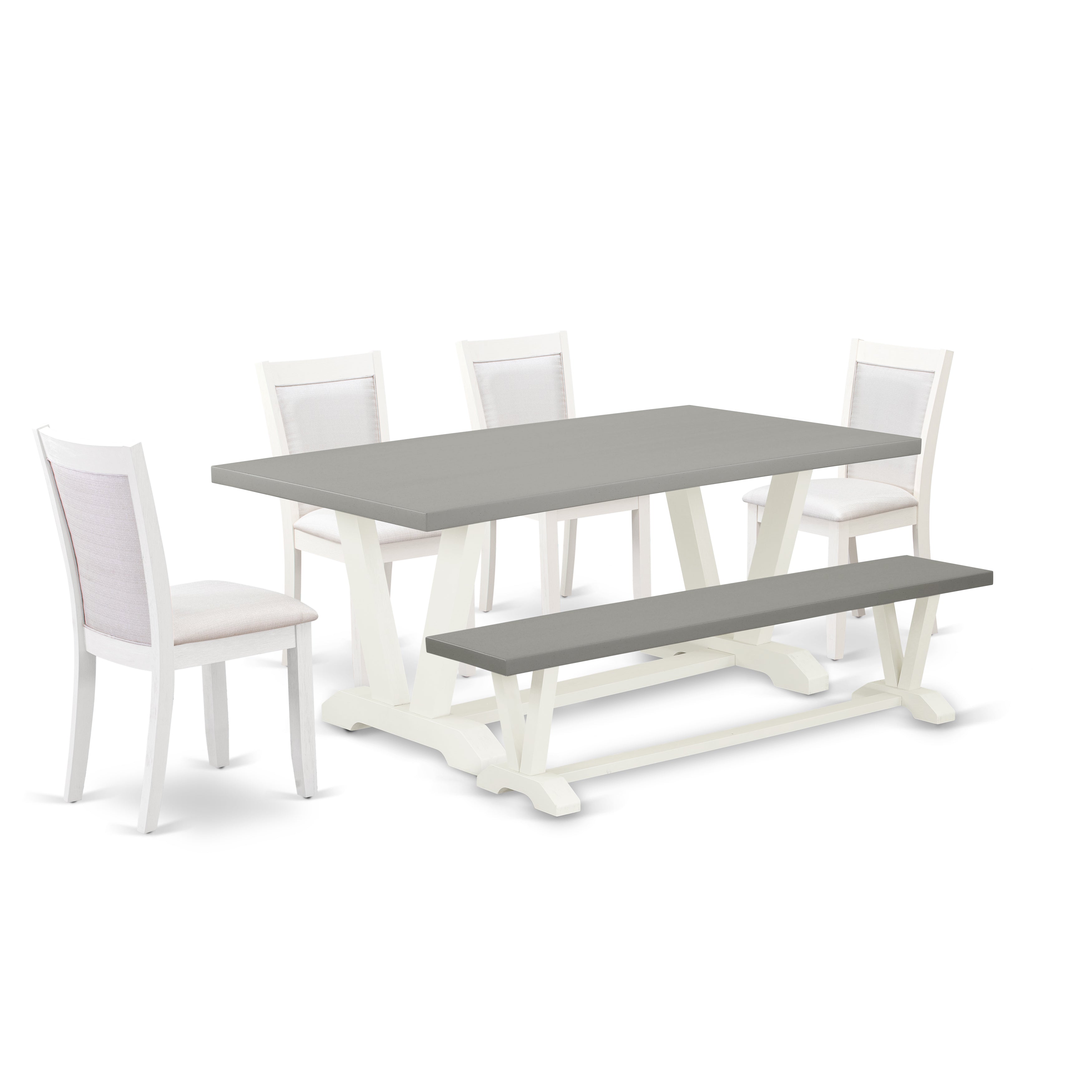 East West Furniture V097MZ001-6 6-Pc Dinette Set Consists of a Wooden Table - 4 Cream Linen Fabric Parson Chairs with Stylish Back and a Wooden Bench - Wire Brushed linen white Finish