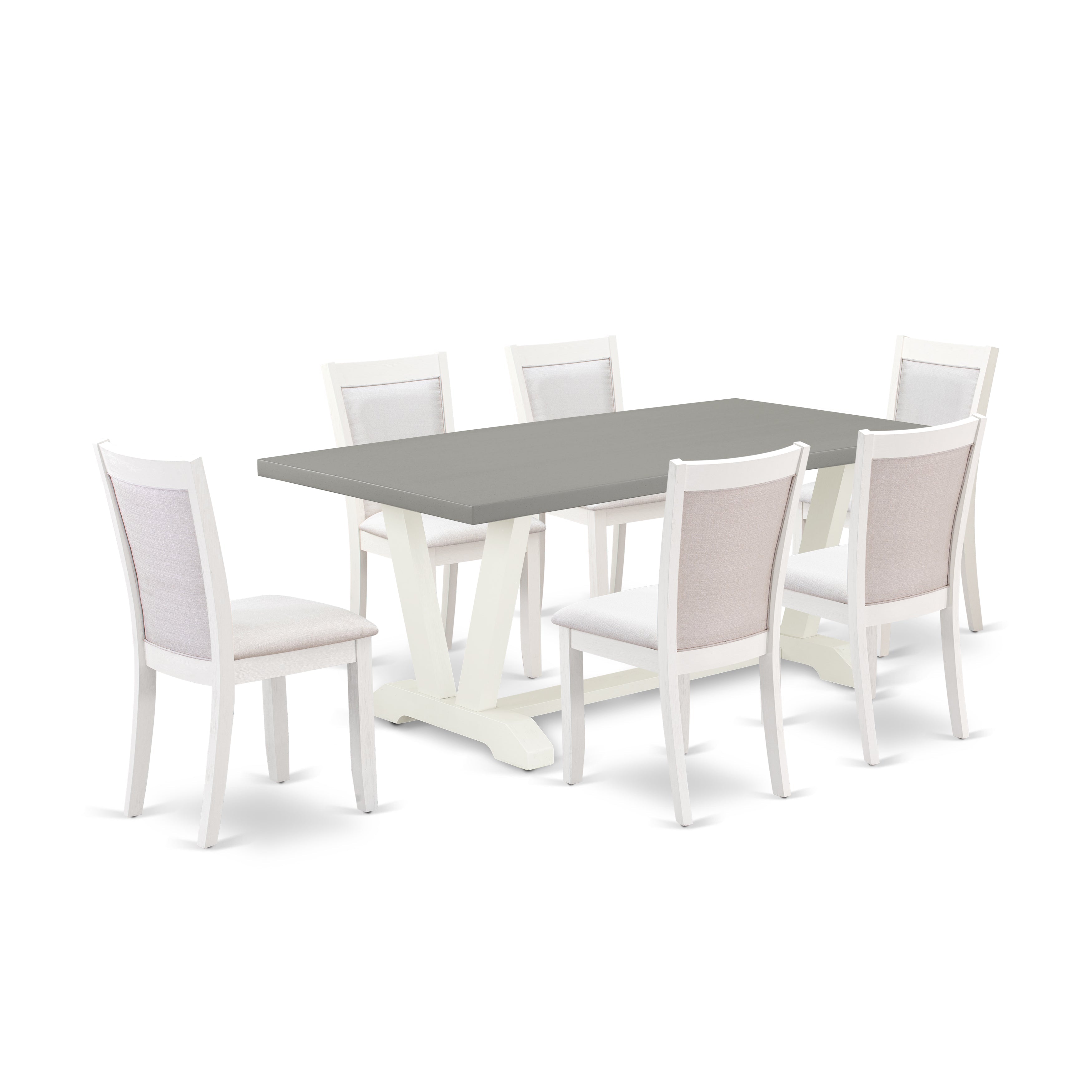 Juego de mesa de cocina de 7 piezas East West Furniture V097MZ001-7 compuesto por una mesa de comedor rectangular con patas en V y 6 sillas de comedor Parson de tela de lino color crema.