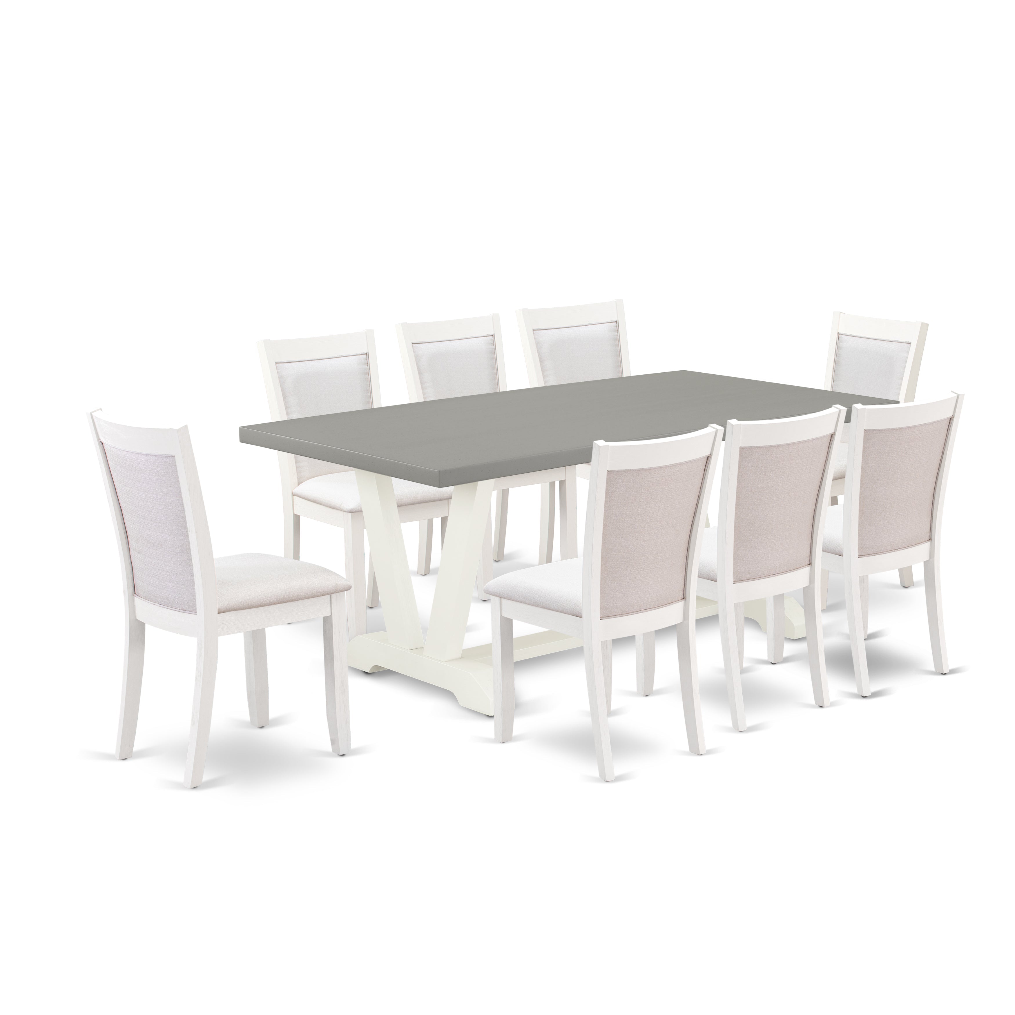 Juego de mesa de comedor moderna de 9 piezas East West Furniture V097MZ001-9. Incluye una mesa rectangular de madera con patas en V y 8 sillas Parson tapizadas en tela de lino color crema.
