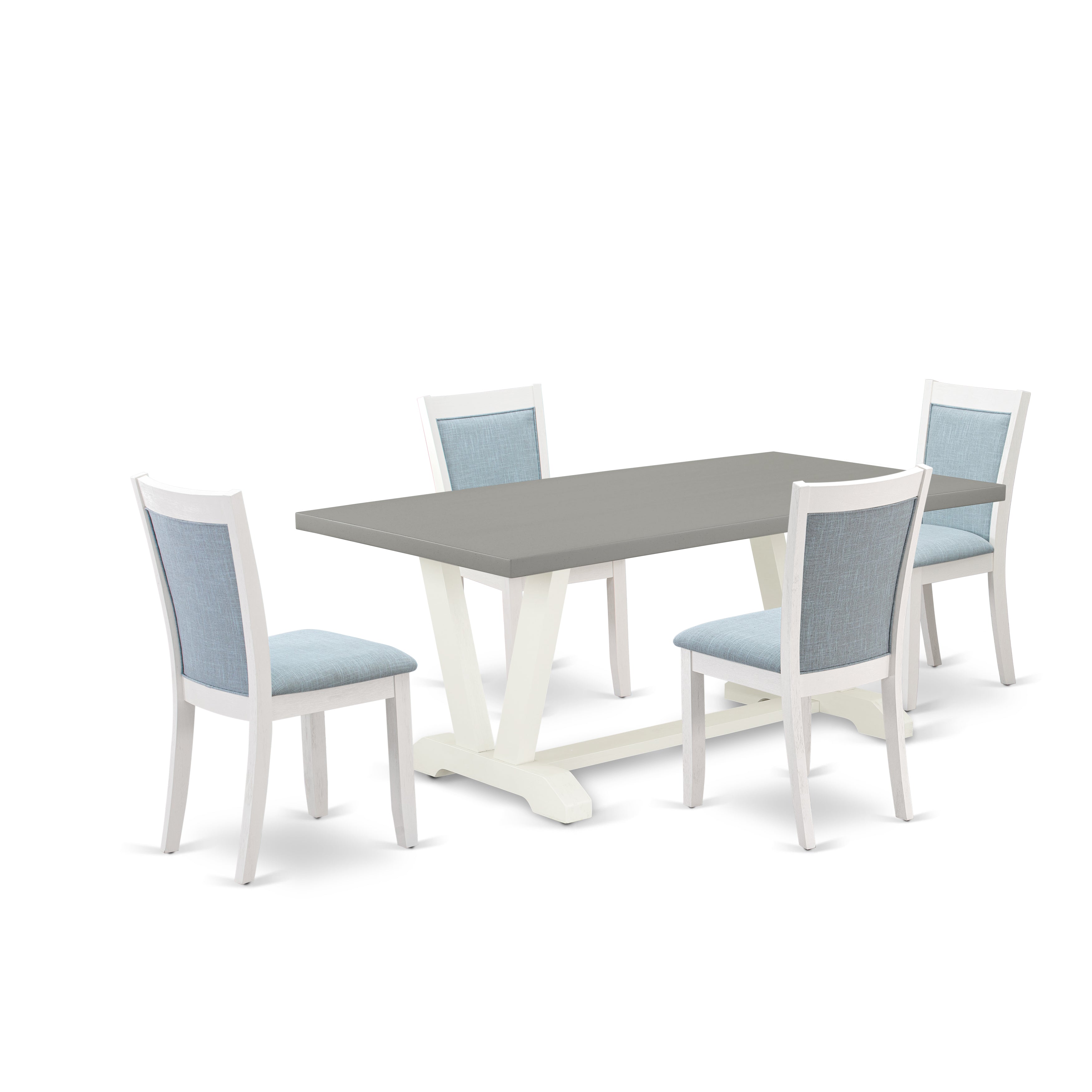 East West Furniture V097MZ015-5 5-Pc Dinner Dining Room Table Set Consists of a Wood Dining Table and 4 Baby Blue Linen Fabric Dining Room Chairs with Stylish Back - Wire Brushed linen white Finish