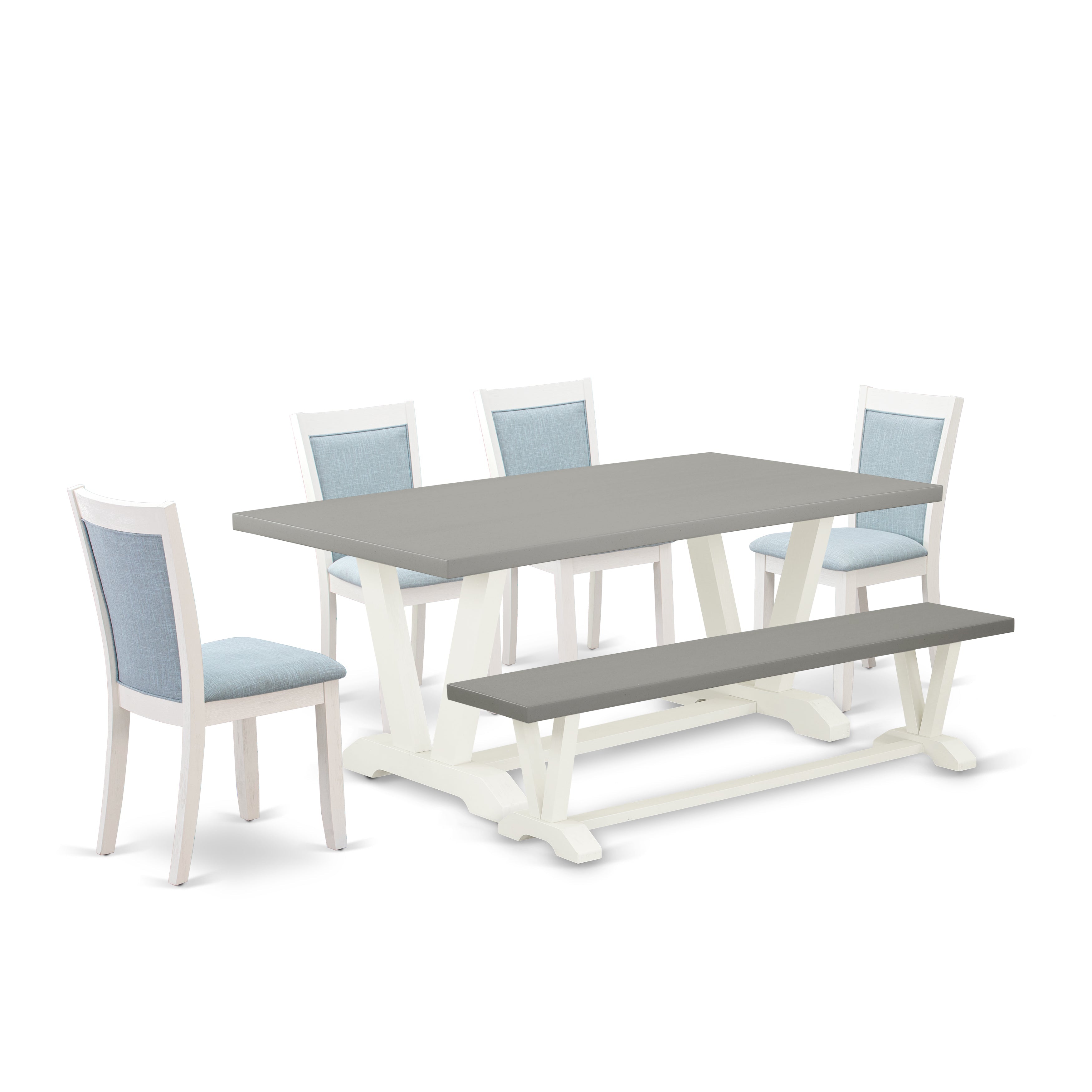 East West Furniture V097MZ015-6 6-Pc Dining Room Table Set Consists of a Kitchen Table - 4 Baby Blue Linen Fabric Parson Chairs with Stylish Back and a Wooden Bench - Wire Brushed linen white Finish