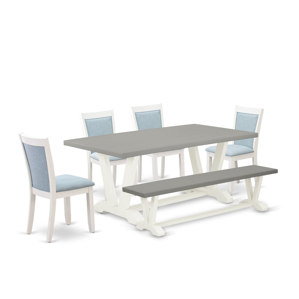 Juego de mesa de comedor de 6 piezas East West Furniture V097MZ015-6. Contiene una mesa de comedor rectangular y 4 sillas Parson de tela de lino azul bebé con un banco.