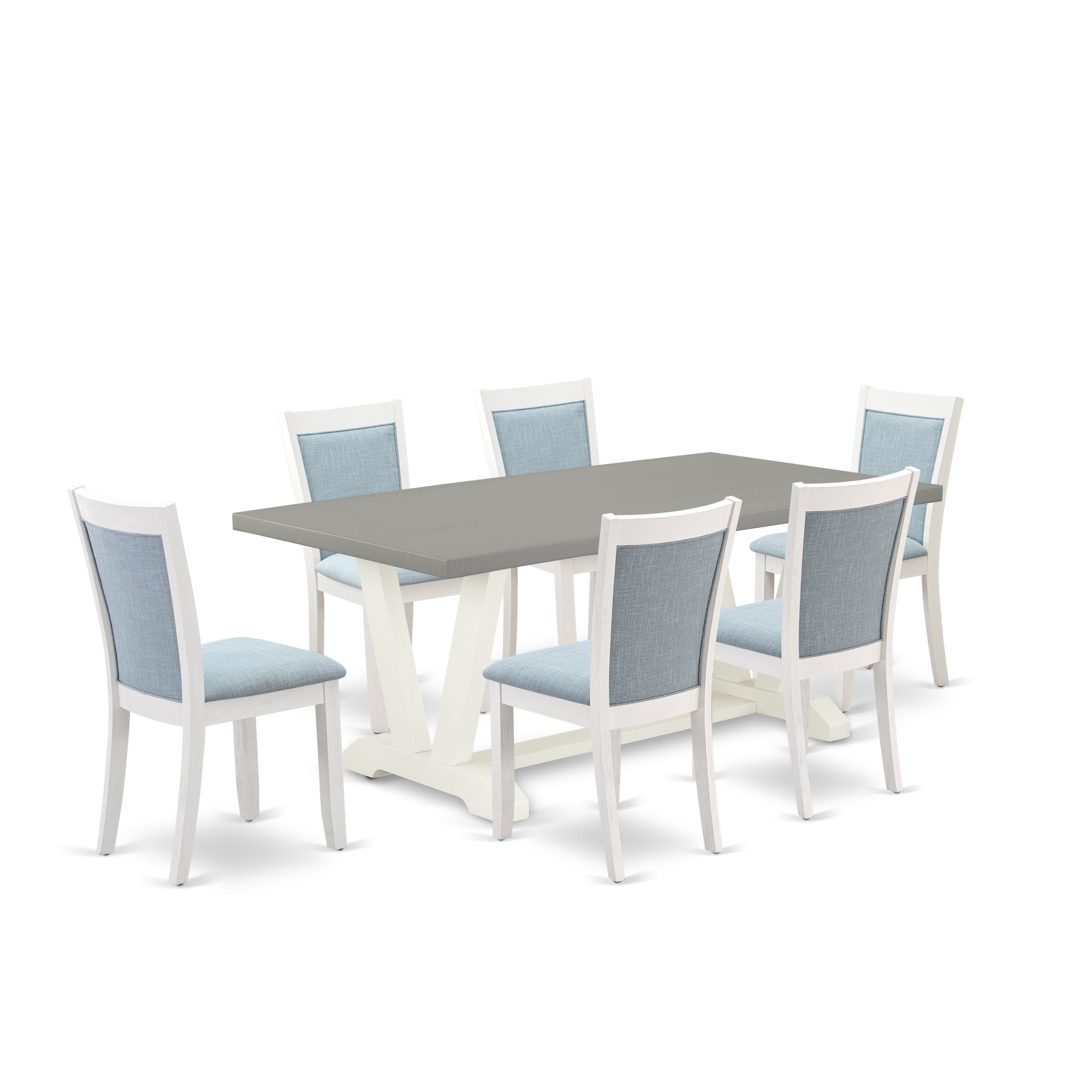 East West Furniture V097MZ015-7 7-Pc Dining Table Set Consists of a Modern Dining Table and 6 Baby Blue Linen Fabric Dining Chairs with Stylish Back - Wire Brushed linen white Finish