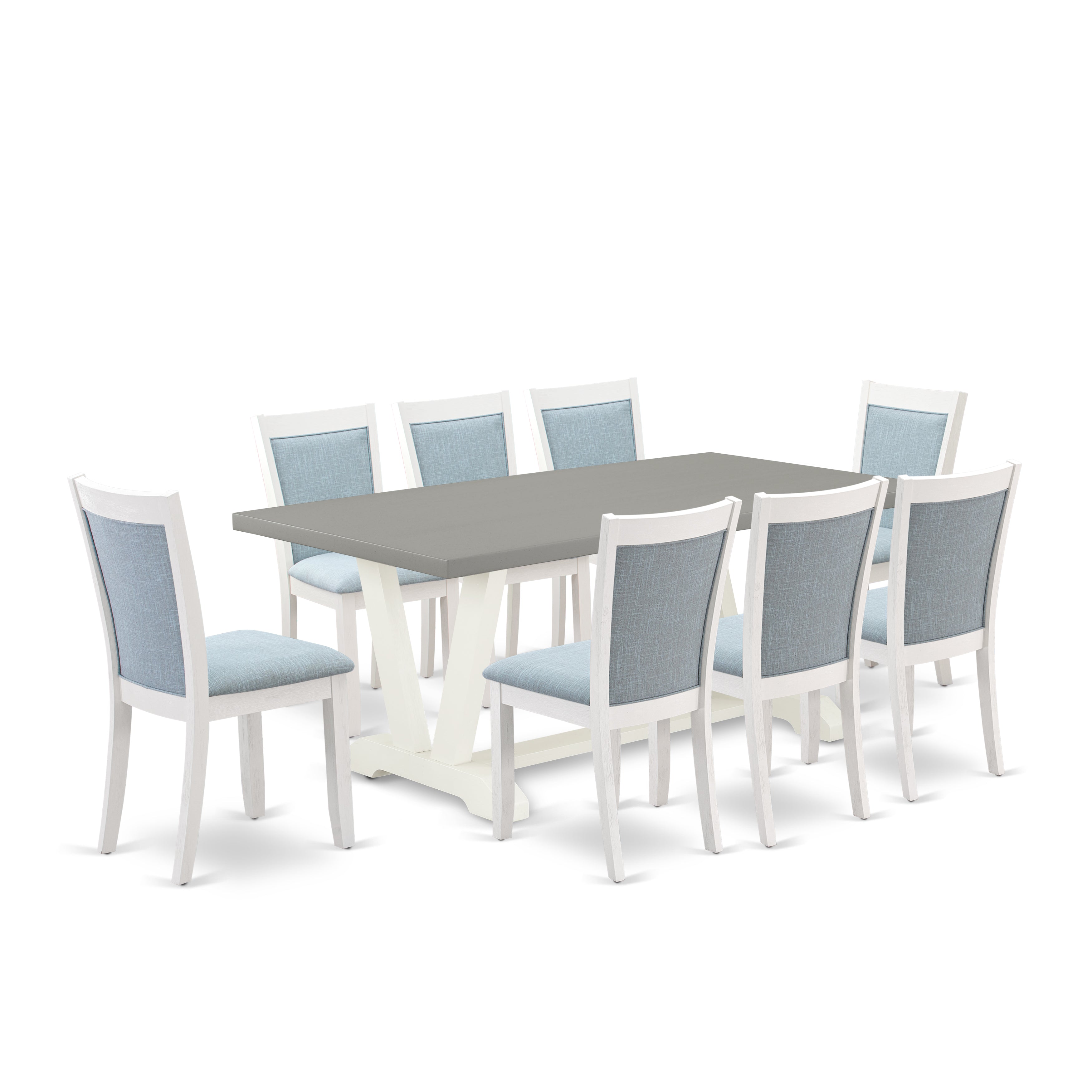 East West Furniture V097MZ015-9 9-Pc Kitchen Table Set Consists of a Dining Table and 8 Baby Blue Linen Fabric Dining Room Chairs with Stylish Back - Wire Brushed linen white Finish