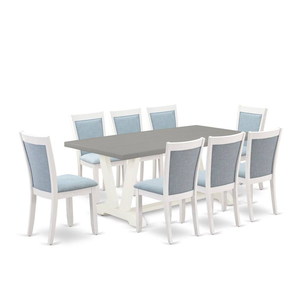 East West Furniture V097MZ015-9 9 Piece Modern Dining Table Set Includes a Rectangle Wooden Table with V-Legs and 8 Baby Blue Linen Fabric Parsons Dining Chairs, 40x72 Inch, Multi-Color