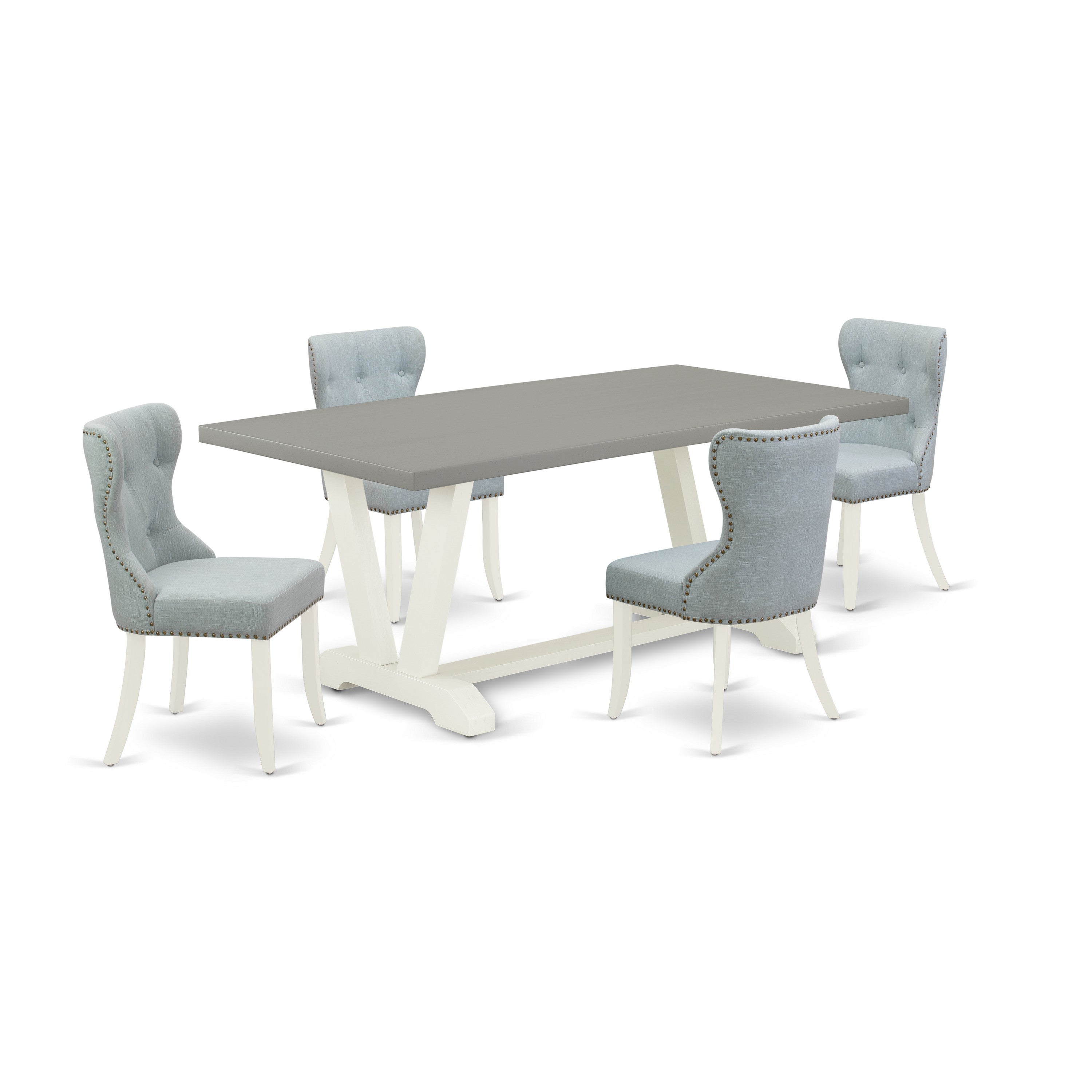 East West Furniture V097SI215-5 5-Pc Kitchen Dining Table Set- 4 Dining Padded Chairs with Baby Blue Linen Fabric Seat and Button Tufted Chair Back - Dining Room Table - Cement Finish