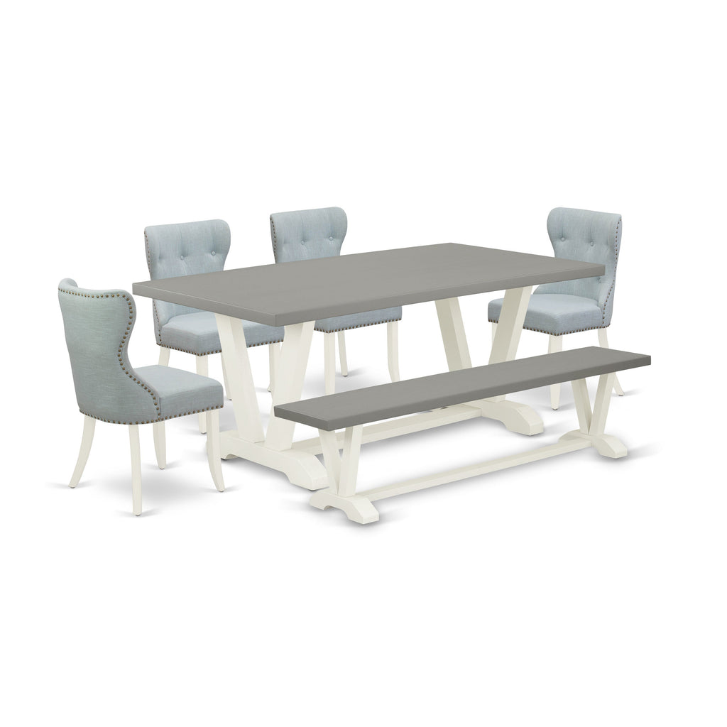 East West Furniture V097SI215-6 6 Piece Dining Room Table Set Contains a Rectangle Kitchen Table with V-Legs and 4 Baby Blue Linen Fabric Parson Chairs with a Bench
